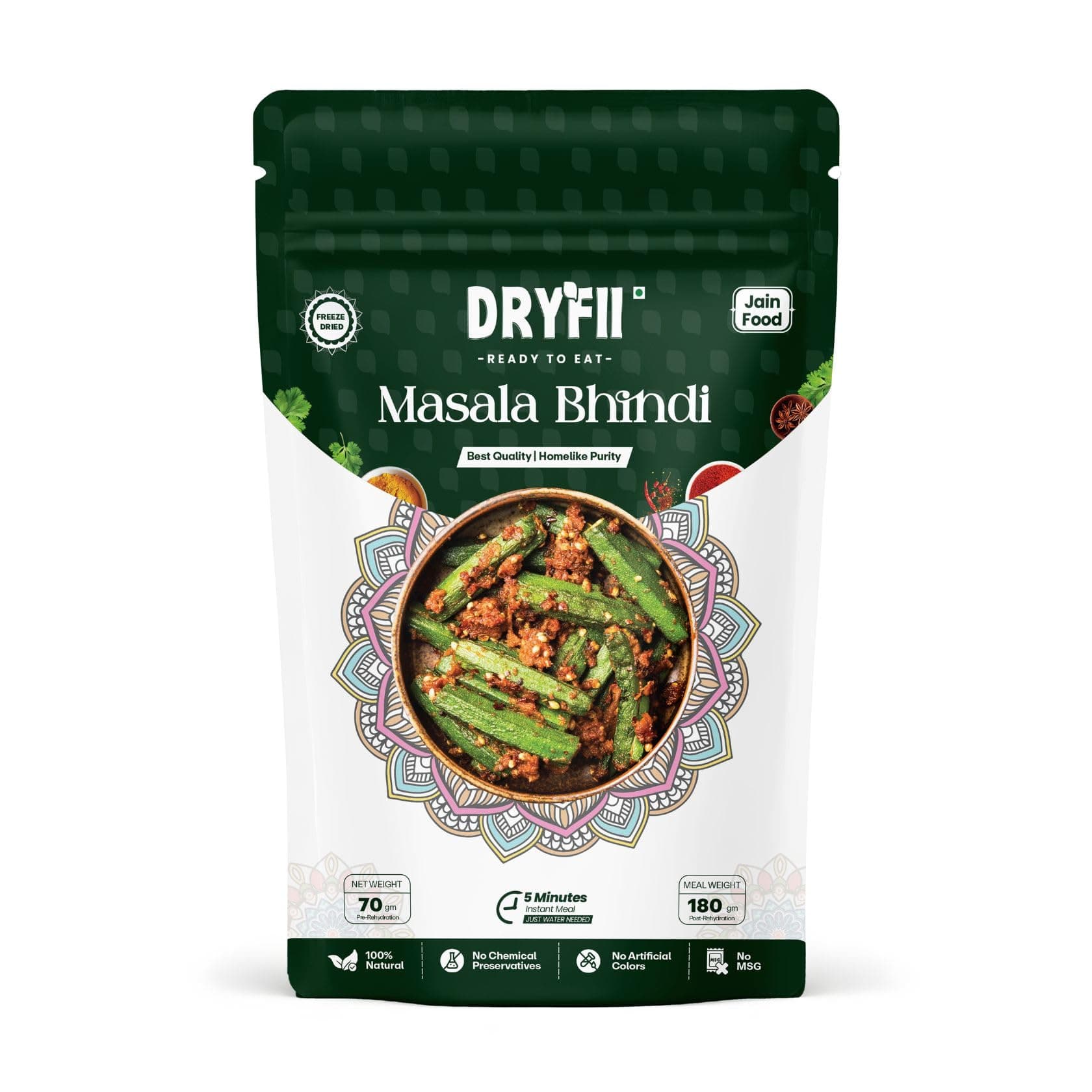 Dryfii Ready-to-Eat Instant Jain Masala Bhindi | Pure Veg | Freeze Dried | No Onion, No Garlic | Rehydrated Weight 180 g