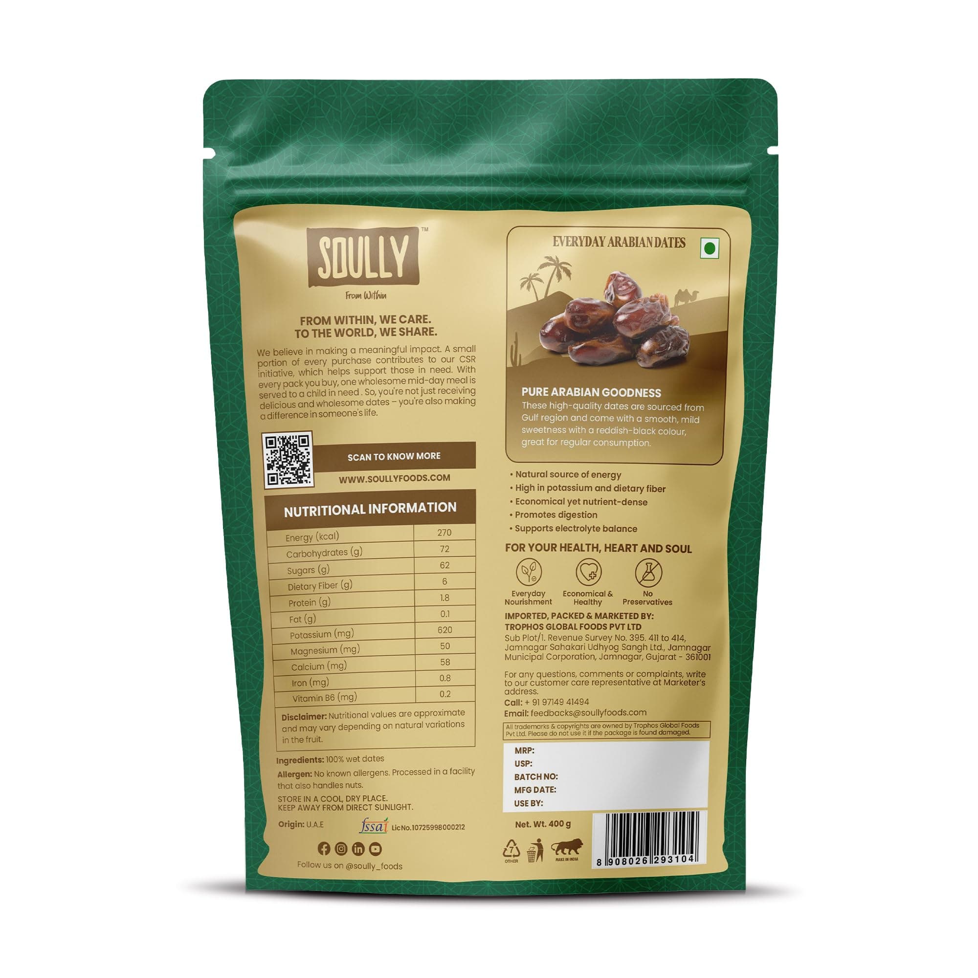 Soully Arabian Dates 400g | Premium Arabian Khajoor | High in Fibre Arabian Dates | No Added Sweeteners or Preservatives | Healthy Snacks khajur | Healthy Dates for Snacking & Recipes | Dry Fruits — image 3