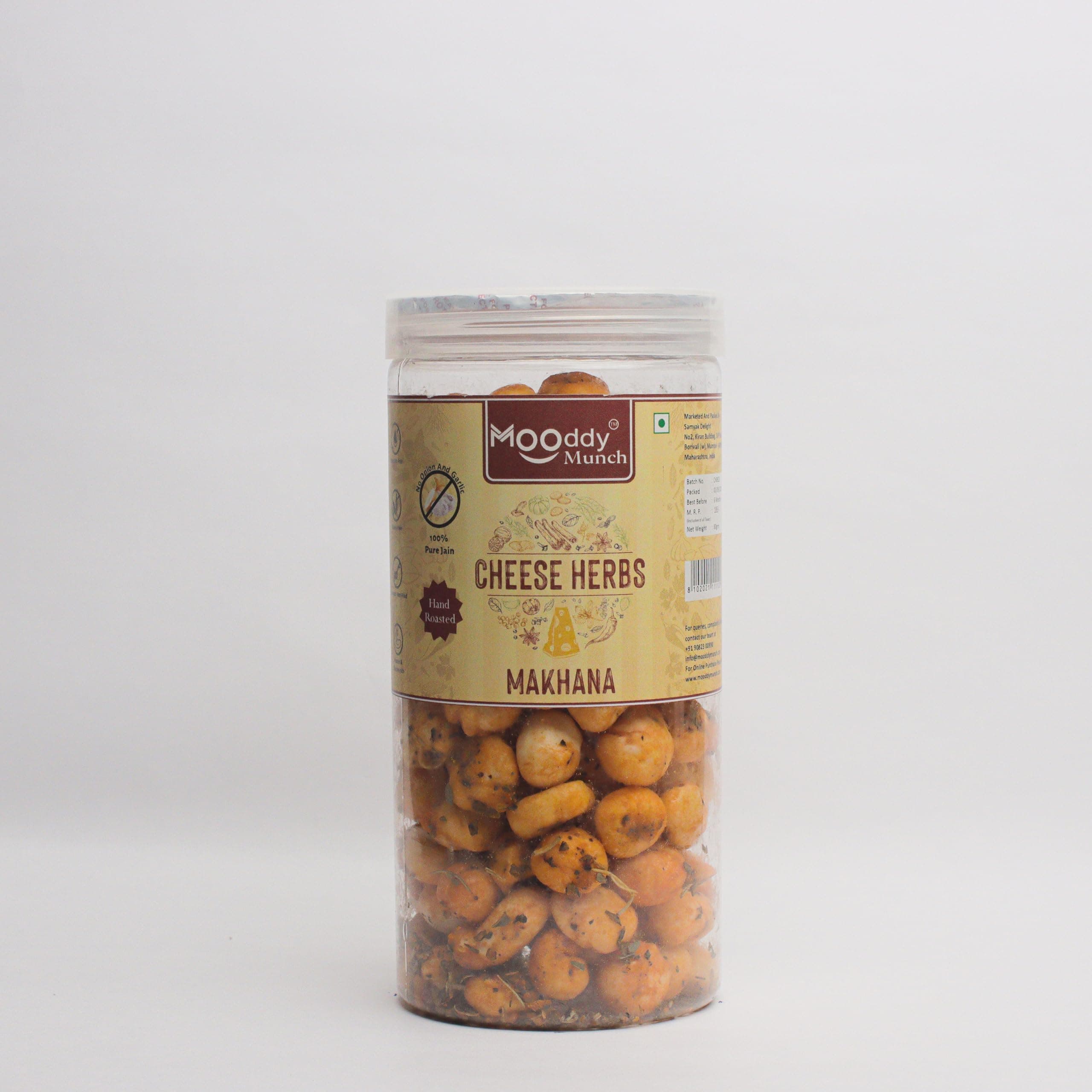 Mooddy Munch Cheese Herbs Jain Flavour & Roasted Makhana/Fox Nuts/Healthy Party Indian Snacks (70g) Jain Variety, No Onion No Garlic
