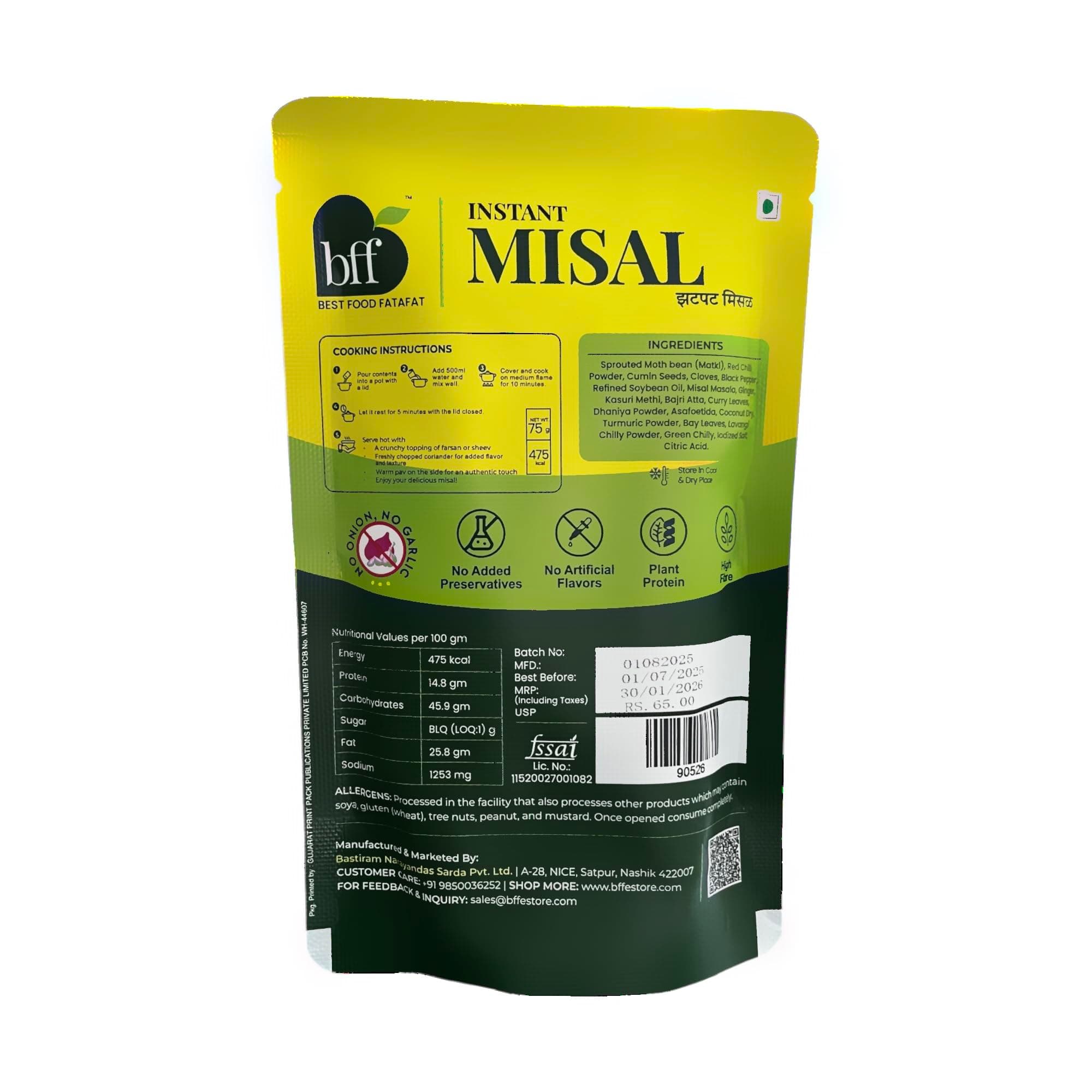 BFF Instant Misal - No Onion, No Garlic| Pack of 4 (75g Each) | Spiced Maharashtra-Style Meal | Just Add Water & Heat | Ready in Minutes | Suitable for Breakfast, Lunch, or Snack — image 2