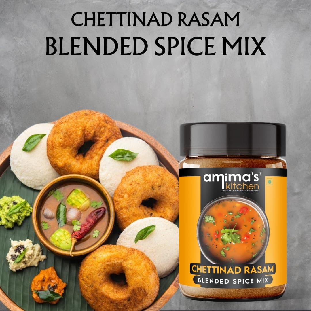Amima's Kitchen Combo Of Bisi Bele Bhaat + Chettinad Rasam Jain Spice Mix (No Onion No Garlic) – 100 Grams (Pack of 2) | Blended Spice Mix | For Healthy and Delicious Cooking | No Synthetic Flavour & Color | Ready Masala Powder — image 7