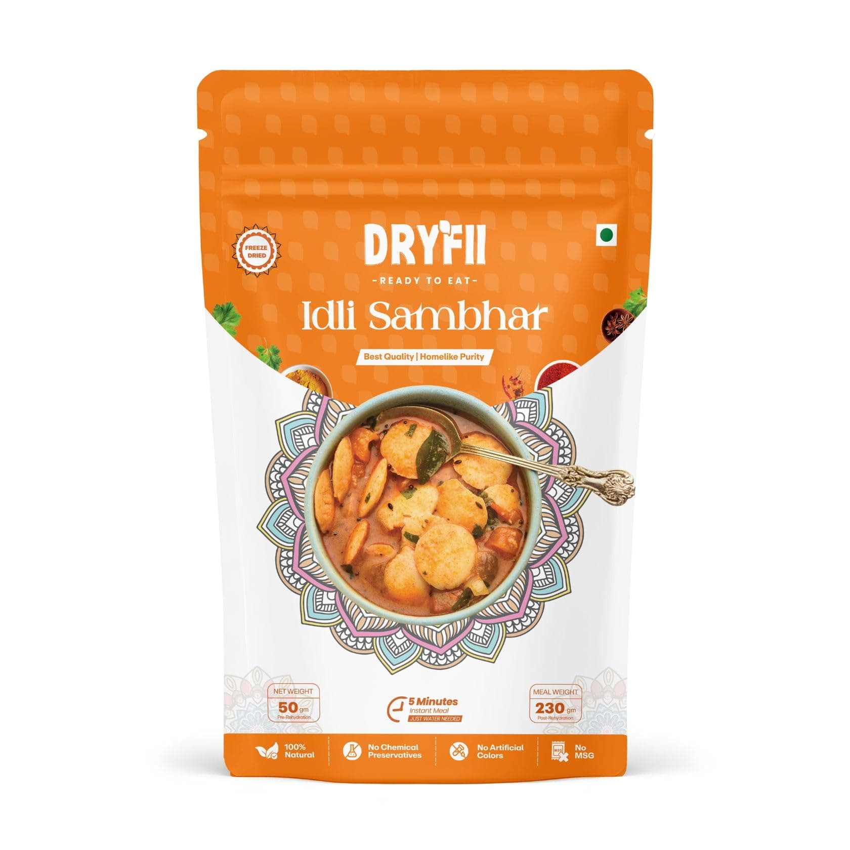 Dryfii Ready-to-Eat Instant Idli Sambhar | Pure Veg | Freeze Dried | Suitable for Jain | Rehydrated Weight 230 g