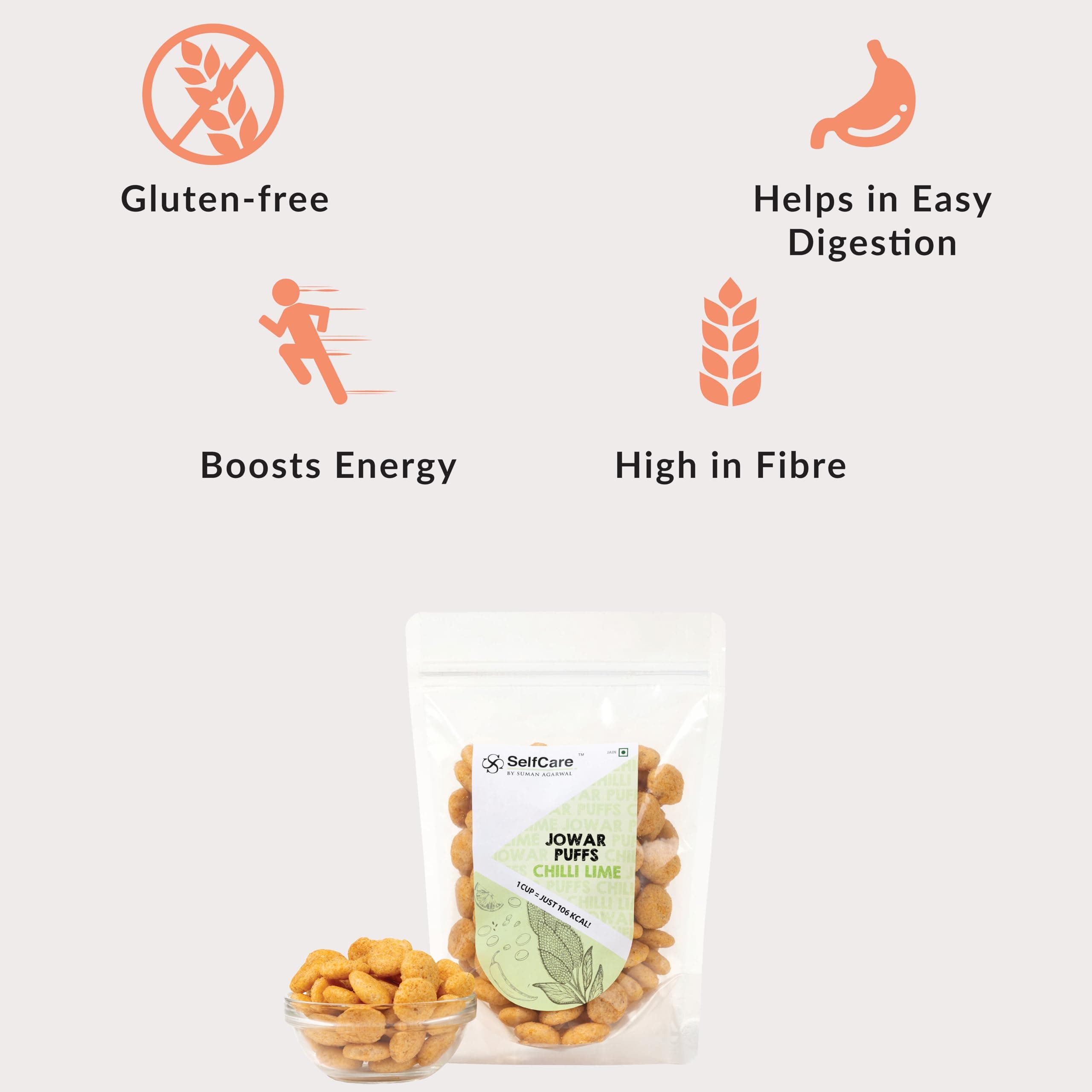 SelfCare By Suman Agarwal Jowar Puff - Chilli Lime - 75g (Pack of 1) | Roasted | No Added Artificial Flavors or Preservatives | Savoury - Snacks - Namkeen - Grocery | Vegan - Jain - Travel Friendly | — image 3