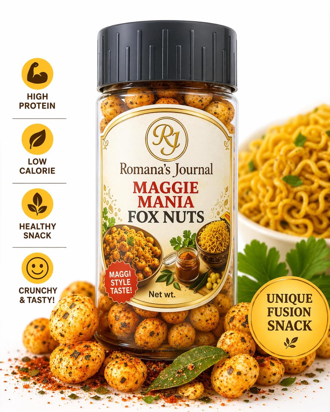 Romana's Journal Roasted Makhana (Fox Nuts) Snack | Crunchy & Flavorful Roasted Lotus Seeds | Multiple Flavor Options Available | Light Everyday Snacking Choice | Tea Time, Travel & Office Snack | Carefully Roasted (Masala Mania) — image 5
