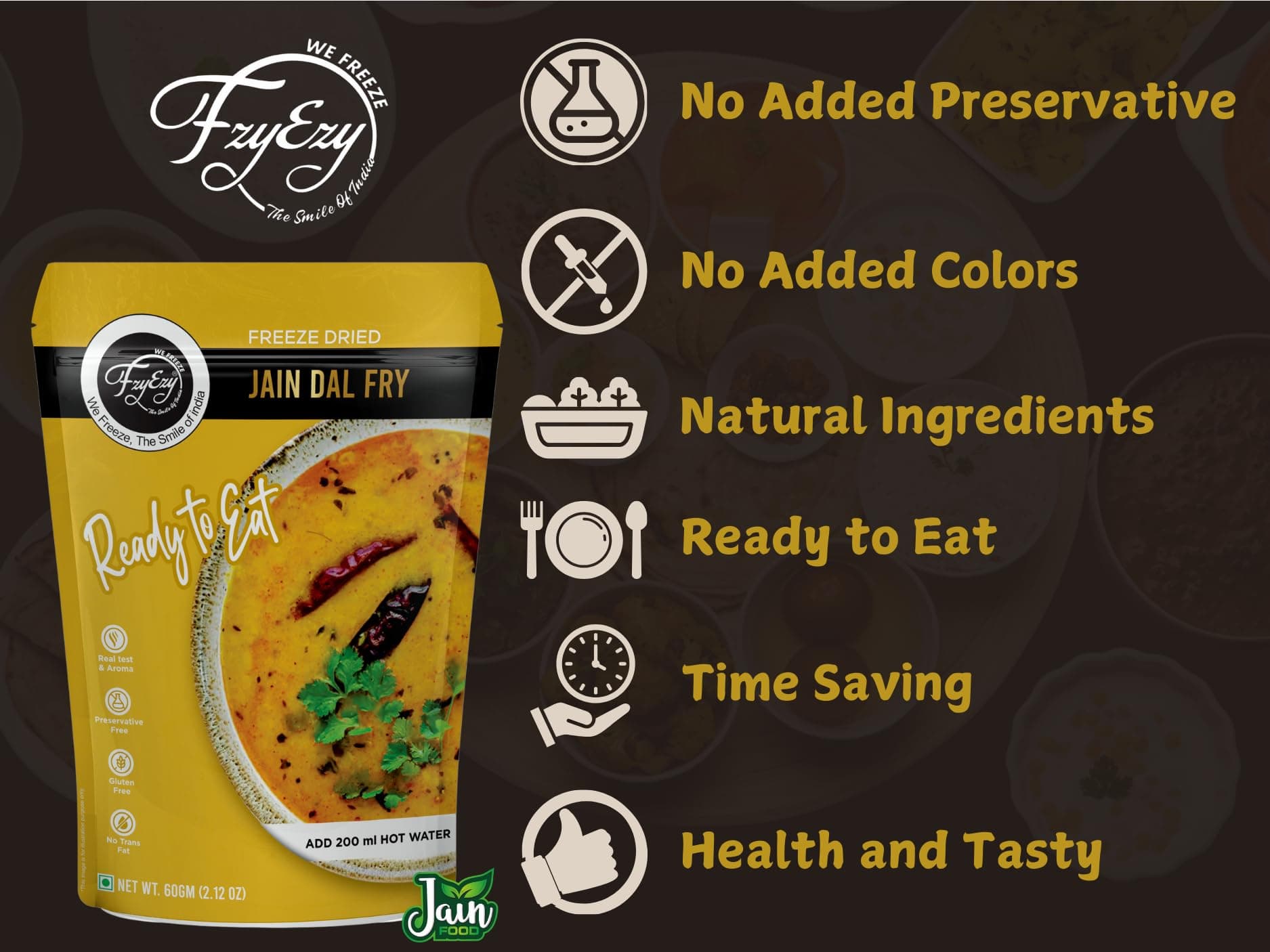 FzyEzy Freeze-Dried Jain Dal Fry – 60g | Authentic Jain Indian Meal | No Onion, No Garlic | Instant & Ready-to-Eat | Gluten-Free | Preservative-Free | Wholesome & Flavorful Jain dish — image 6