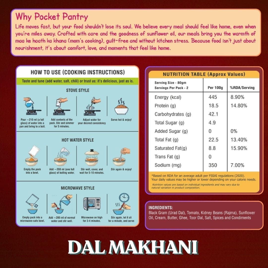Pocket Pantry Ready to Eat Dal Makhani(Jain) | Freeze Dried | Rehydrated Wt 320gm | No Palm Oil, No Preservatives | 100% Natural | Dry Wt 80g | Serves 2 | Instant Meal — image 2