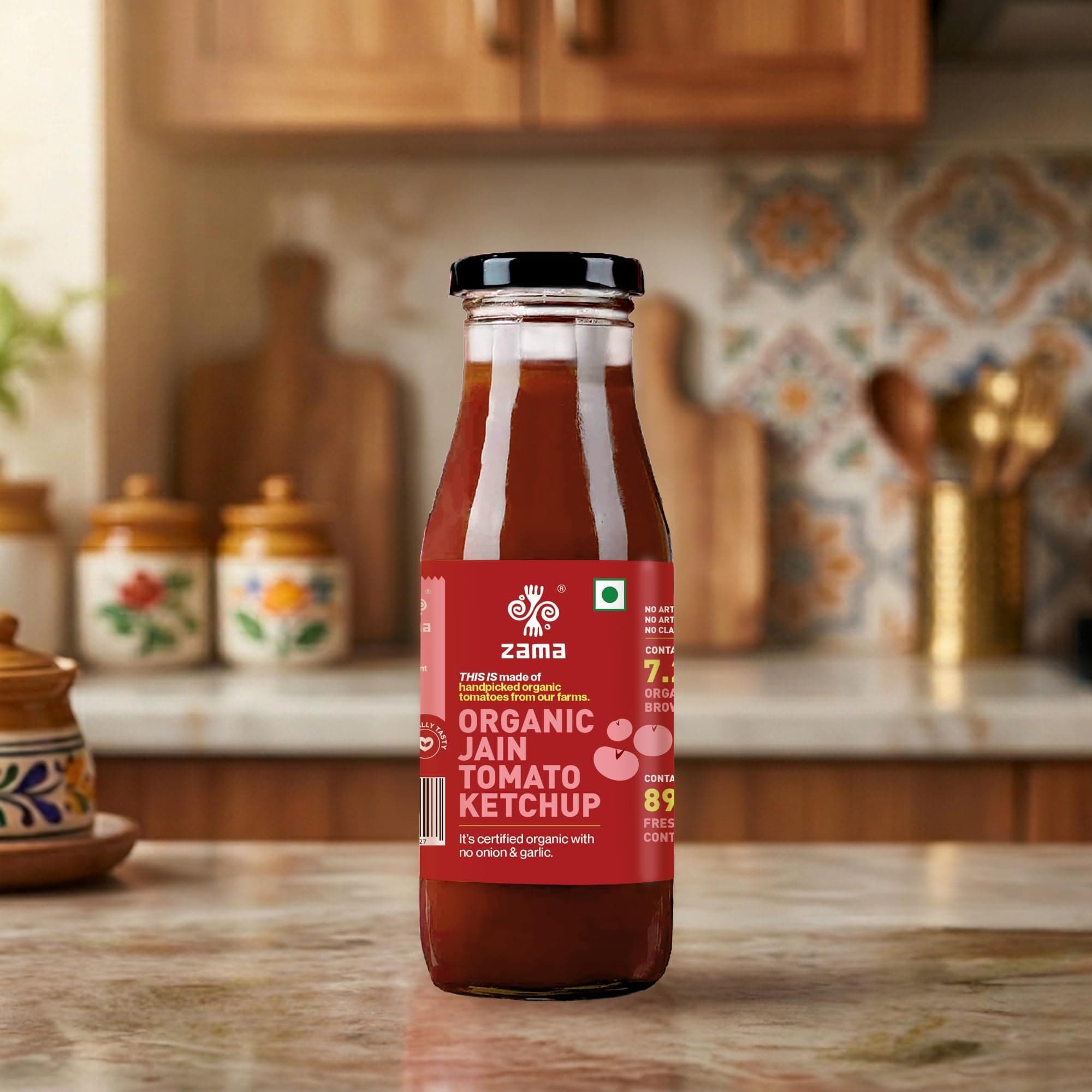 Zama Organic Jain Tomato Ketchup 300g Glass Bottle | Tomato Sauce | Ingredients | Tomatoes | Tangy and Raw Flavour | Traditionally Produced | — image 6