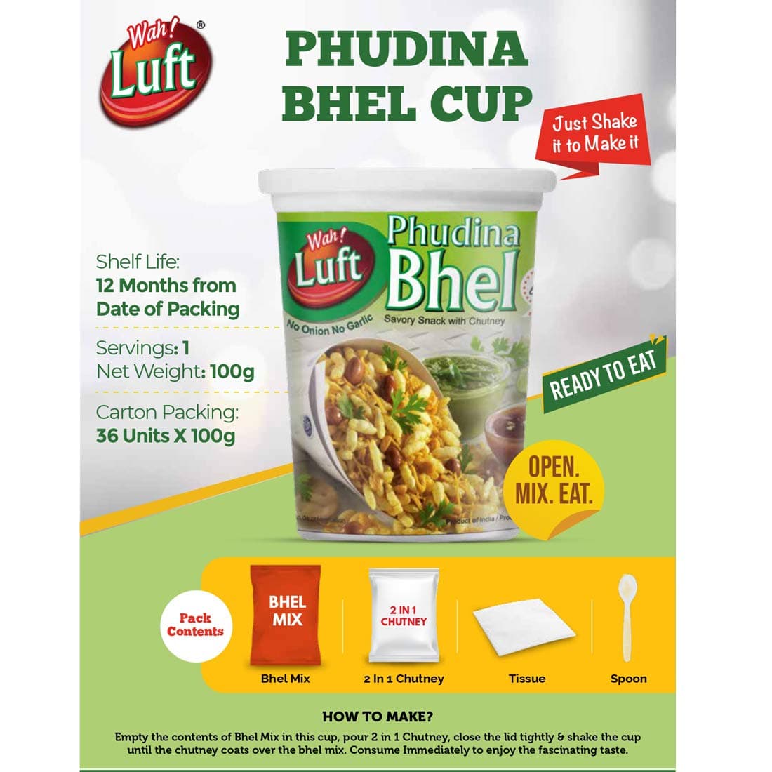 Wah Luft Instant and Delicious Phudina Bhel Puri Cup (Jain), Namkeen, Snacks, Ready to Eat, Chutney Inside, Chaat Special- 100g (Pack of 3) — image 4