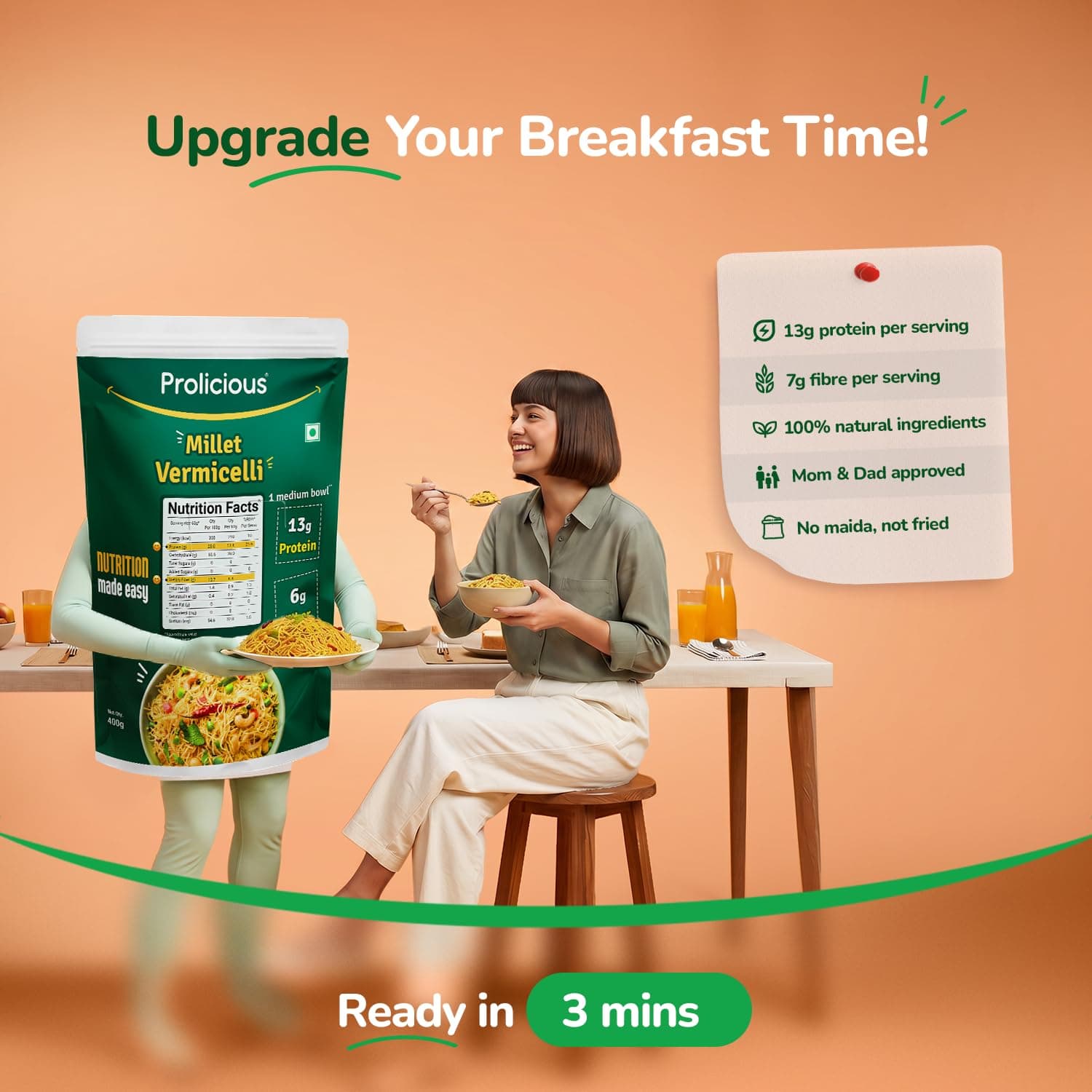 Prolicious Millet Vermicelli | High Protein & High Fiber | Nutritious | Plant Based | No Palm Oil | No Maida | Quick & Healthy Breakfast Option | 400g each (Pack of 3) — image 4