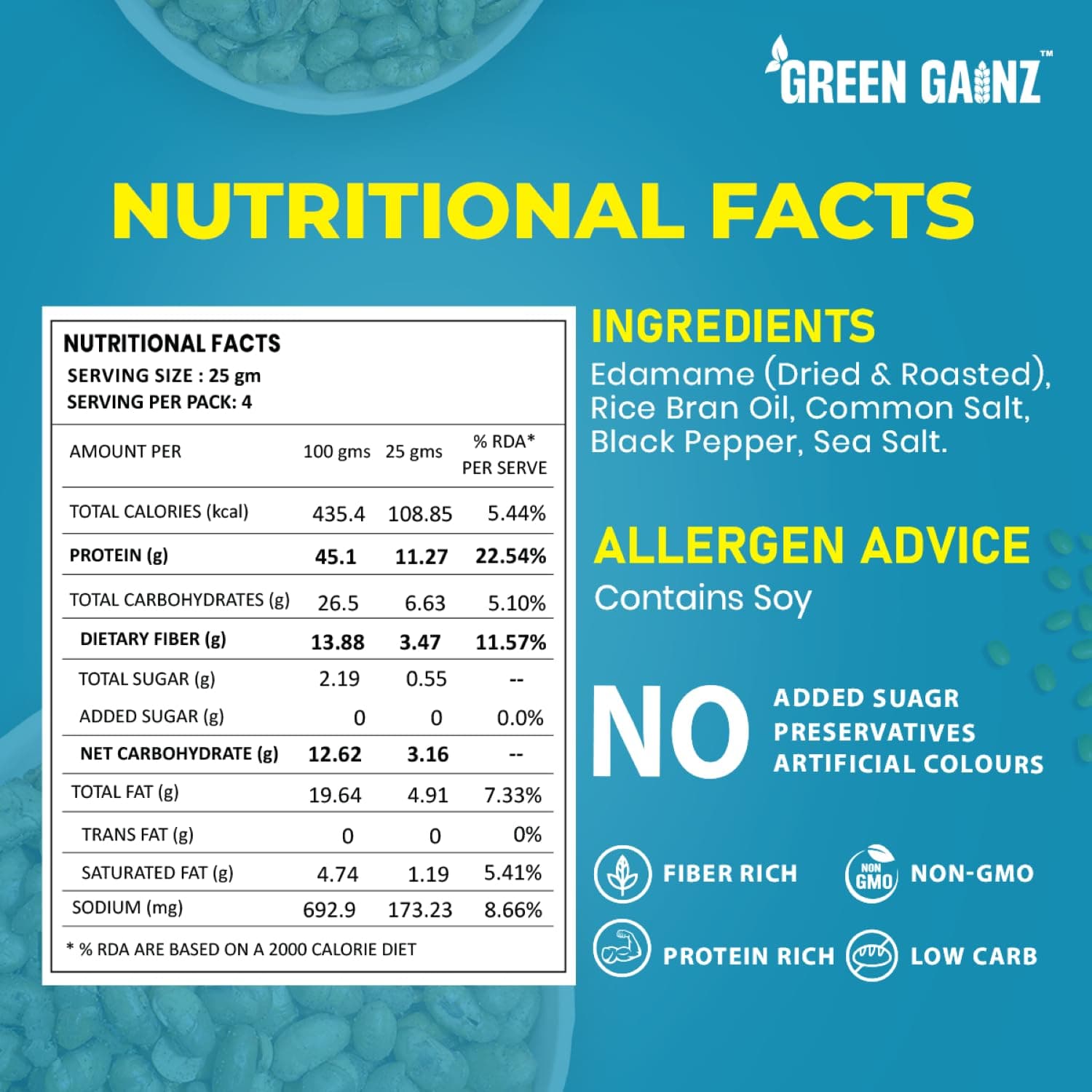 Green Gainz Roasted Edamame Salt n Pepper Flavour 100gm | Healthy Namkeen Snacks | Vegan | High Protein Snack | Weight Loss Friendly | No Palm Oil | Roasted, Not Fried — image 2