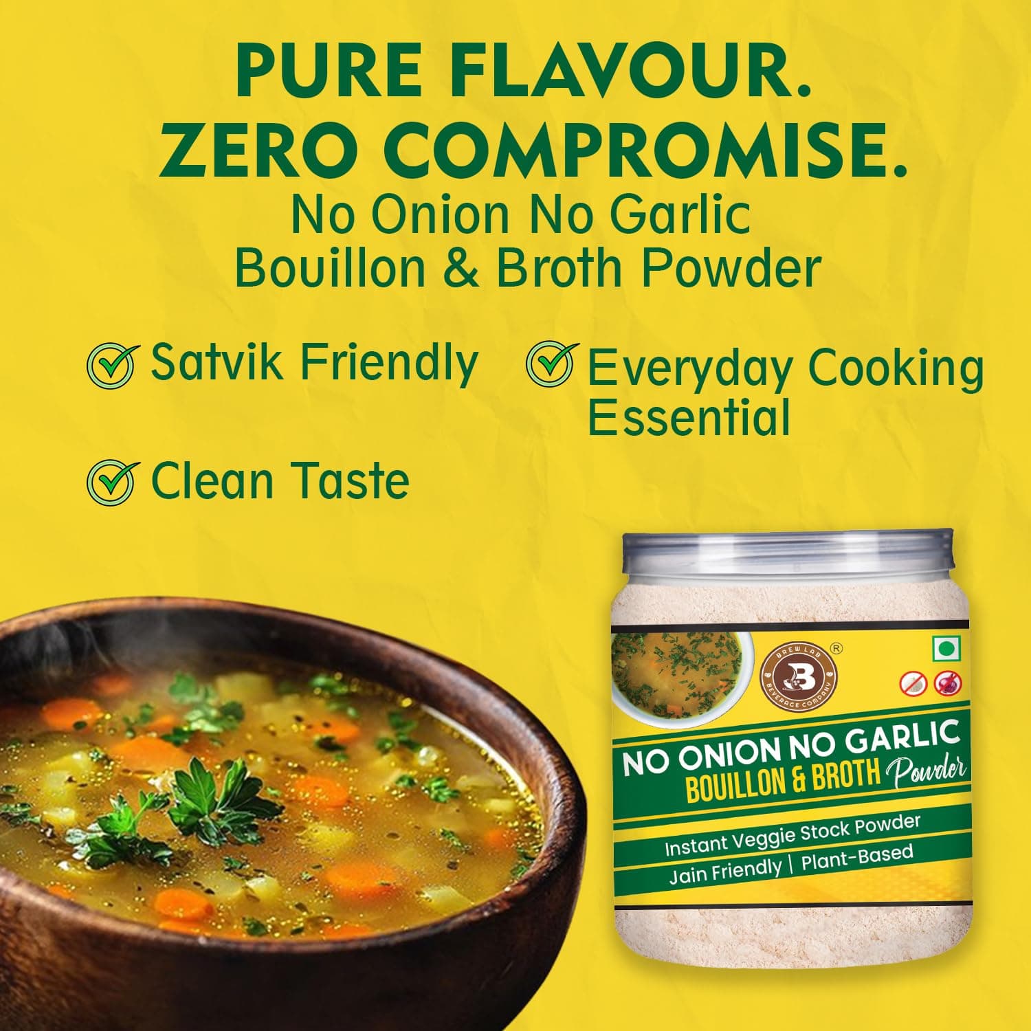 Brew Lab No Onion No Garlic Bouillon & Broth Powder, 250g | Instant Vegetable Stock | Plant-Based | Jain-Friendly | Umami Seasoning for Soups, Gravies & Cooking — image 4