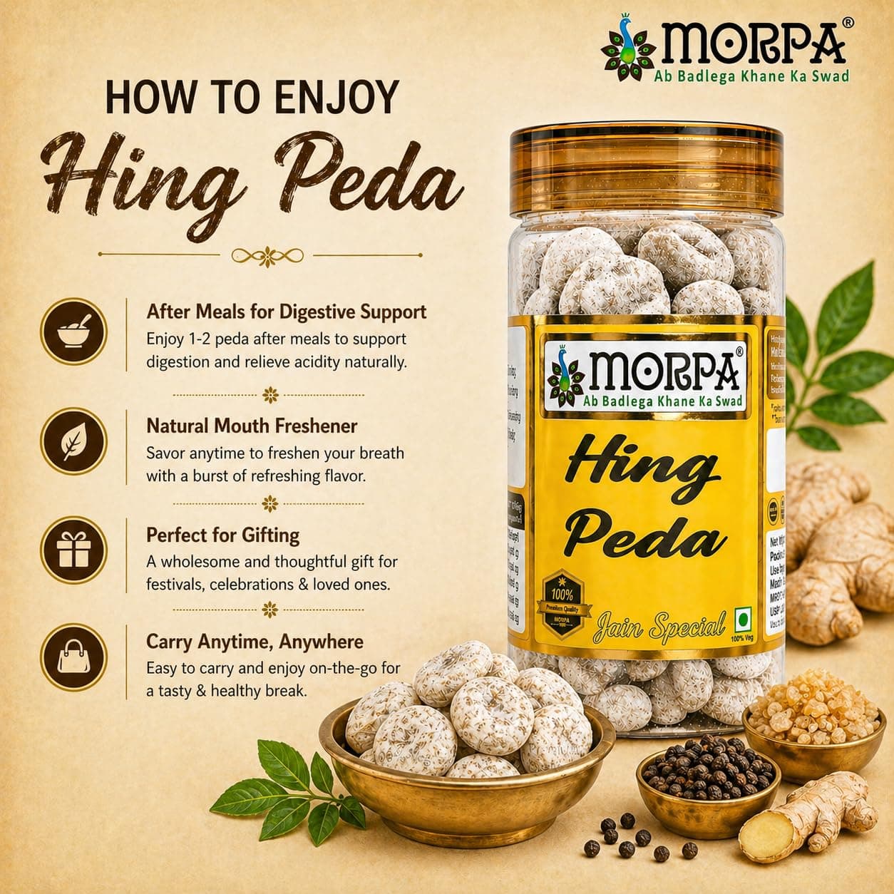MORPA Hing Peda (Asafoetida Digestive Candy) Traditional Indian Mouth Freshener Aids Digestion and Refreshes Breath Premium Quality Jain Special 100% Veg — image 6