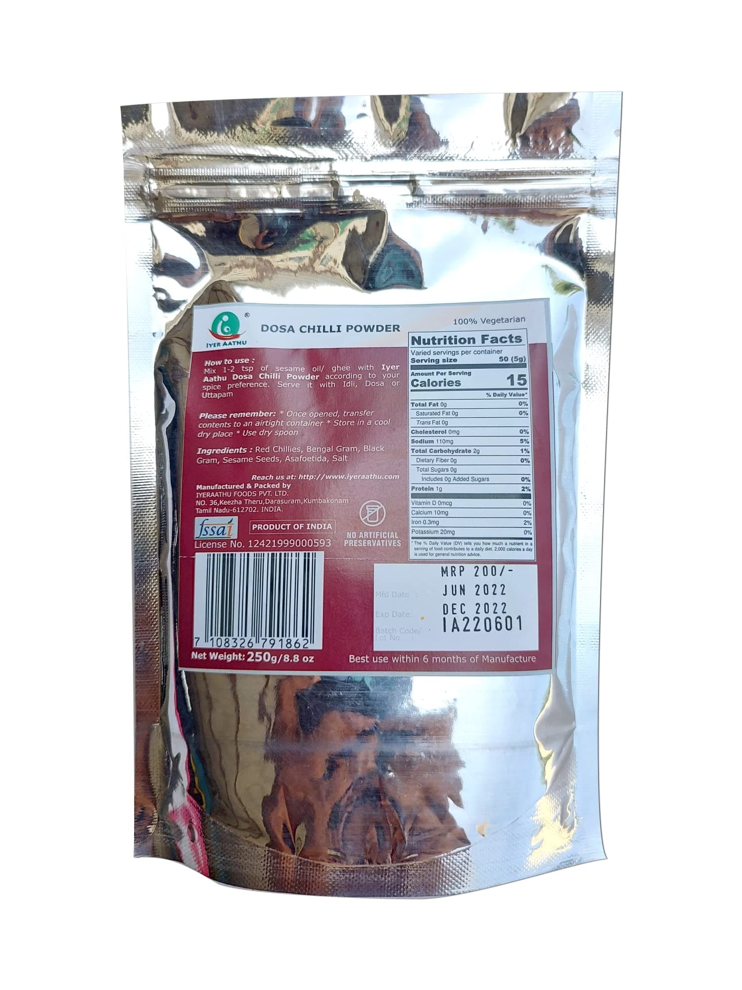 IYER AATHU DOSA CHILLI POWDER/Idly Chutney Powder 250 Grams (Traditional Spicy) — image 2