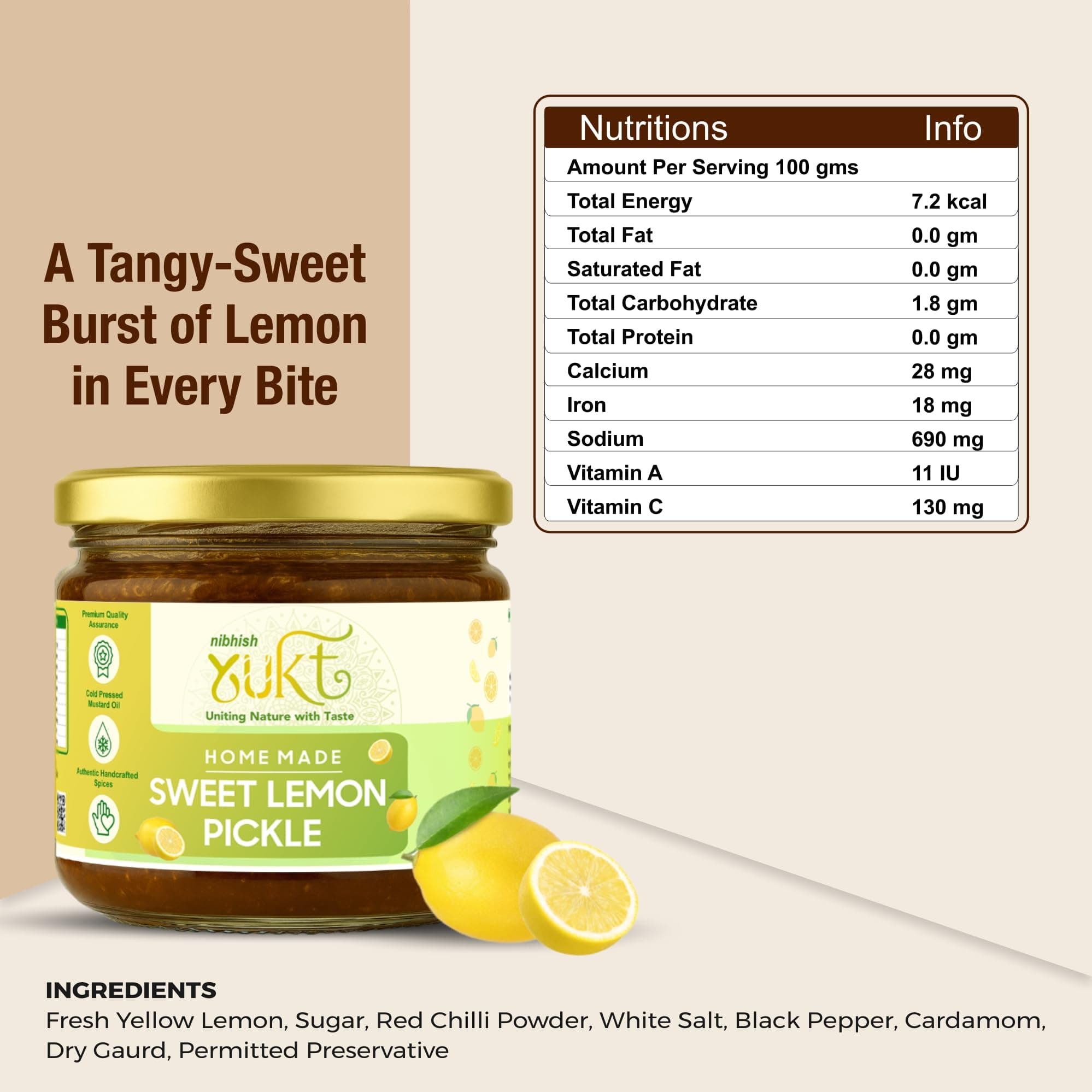 NIBHISH Yukt pickle Khatta Meetha Sweet Lemon Pickle | Sweet & Tangy Homemade Delight | Oil-Free, No Onion or Garlic | Traditional Chunda-Style Nimbu Ka Achaar with Grandma's Authentic Taste | Handmade Using Organic Preparation Methods | 100% Natural & Pure | Glass Jar — image 2