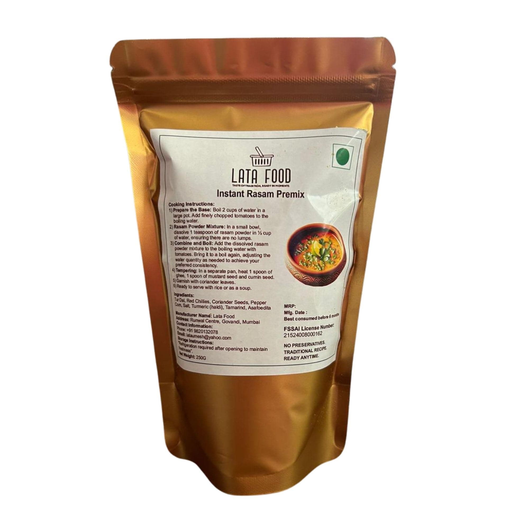 Lata Foods Instant Rasam Mix | Ready-To-Make | No Onion No Garlic | No Preservatives | Gluten-Free | 250g