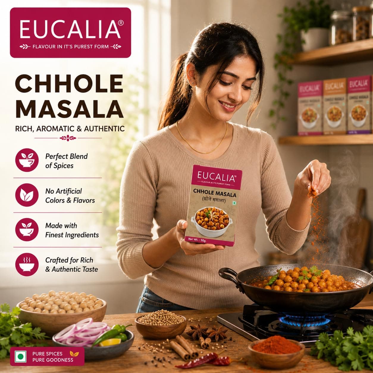 EUCALIA Chhole Masala Pack of 3 (100g) | Perfect for Chickpea Dishes | Tangy, Spicy & Aromatic Authentic Spice Blend for Chole, Chana Masala & Curries | No Preservatives | Sattvik No Onion No Garlic (NONG) — image 8