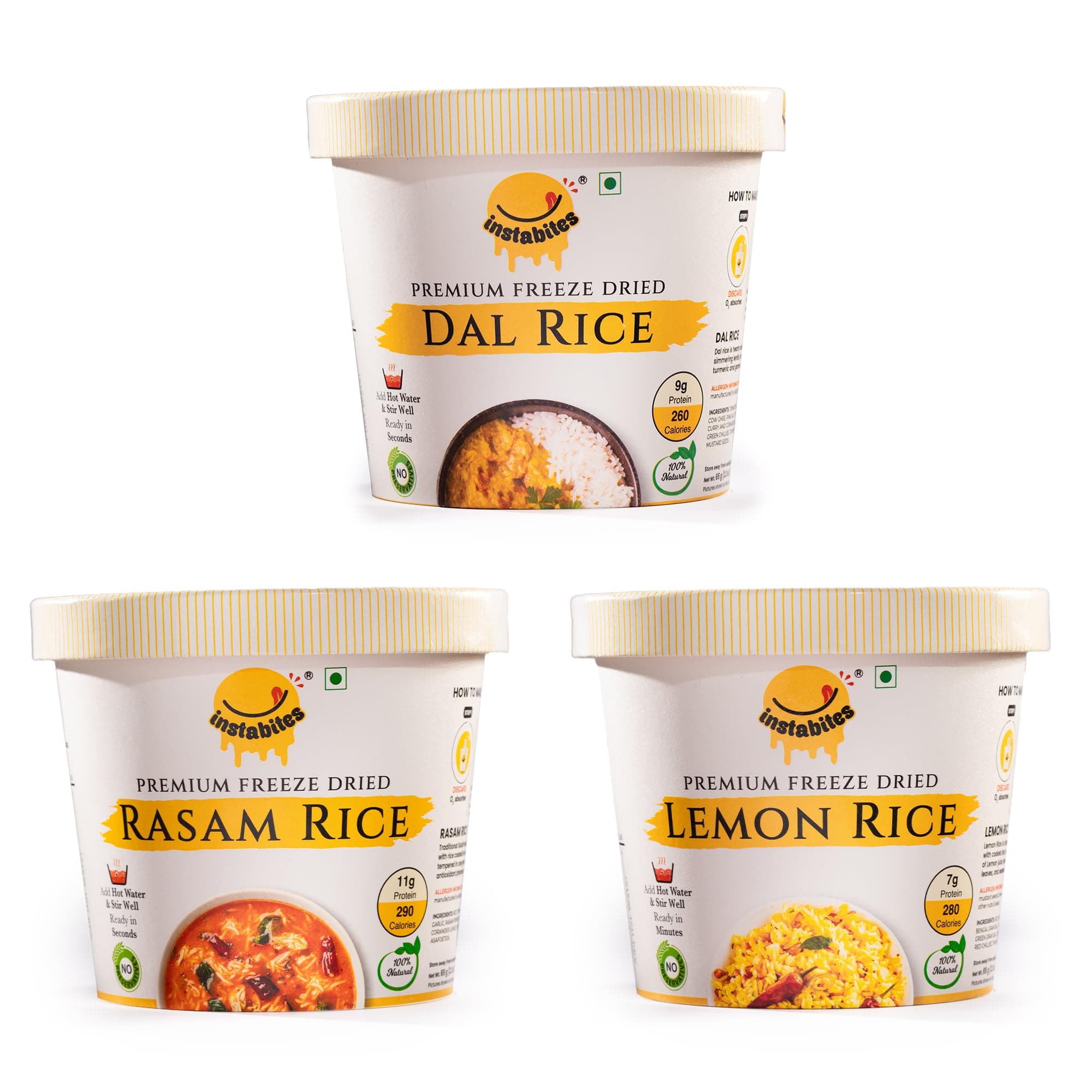 Instabites Ready To Eat Combo of Lemon Rice - Rasam Rice - Dal Rice, No Added Preservatives and Ready to Eat in Minutes - Pack of 3 — image 2