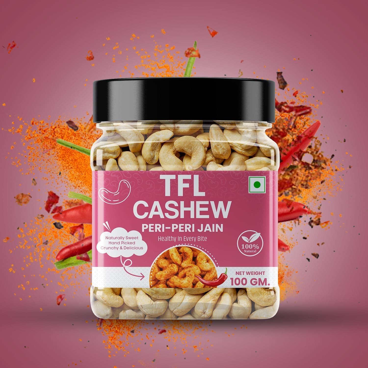 The Food's Life Peri Peri Jain Cashews | Premium Roasted Kaju | No Onion, No Garlic | Spicy & Crunchy Snack | Vegan, Gluten-Free, No Preservatives | Healthy Snack | Pack of 1