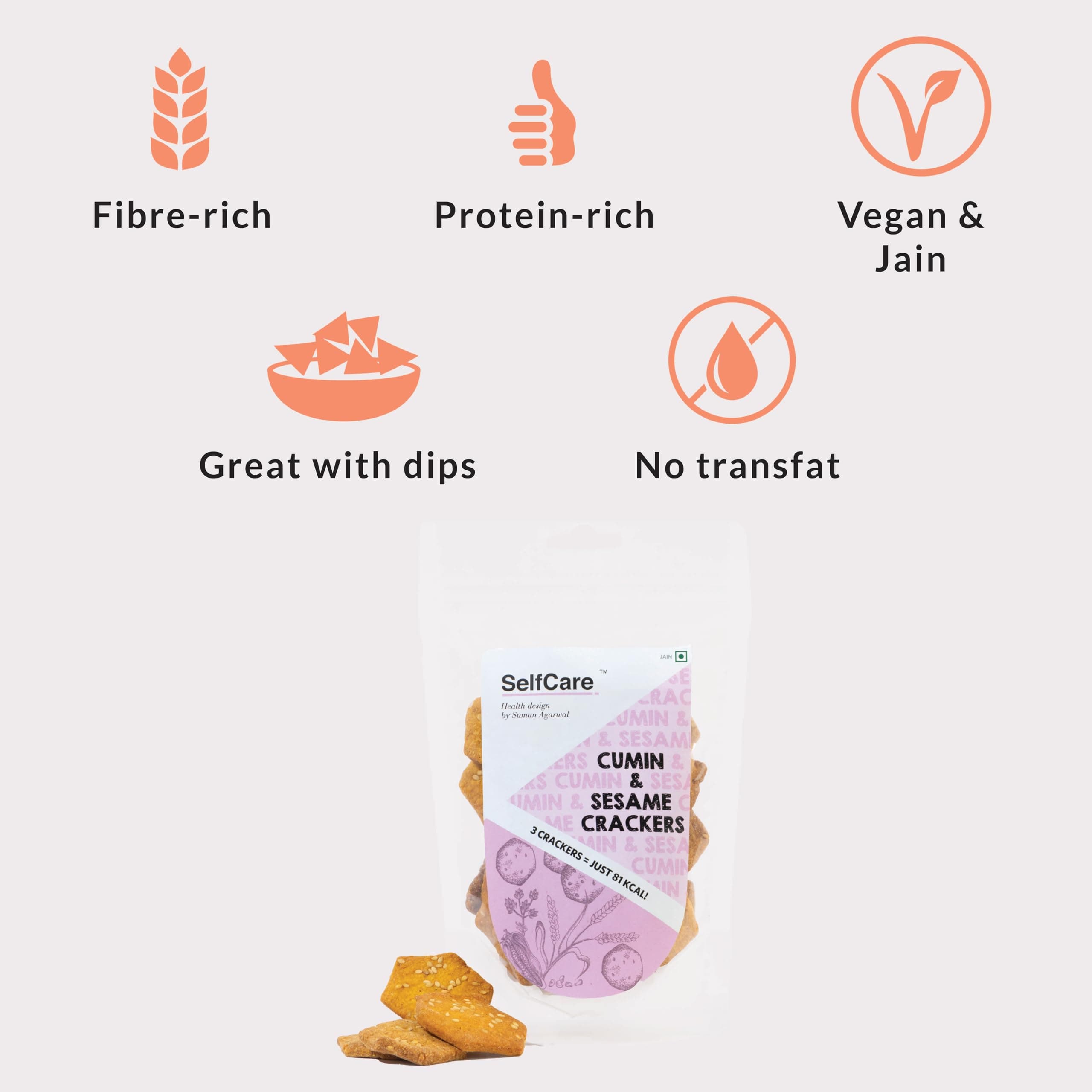 SelfCare By Suman Agarwal Cumin & Sesame Crackers Pack of 1 125g | Baked - Healthy - Vegan | Snacks - Namkeen - Grocery | Spicy Crunchy & Chatpata - Tea time Snacking | Jain & Travel Friendly — image 3