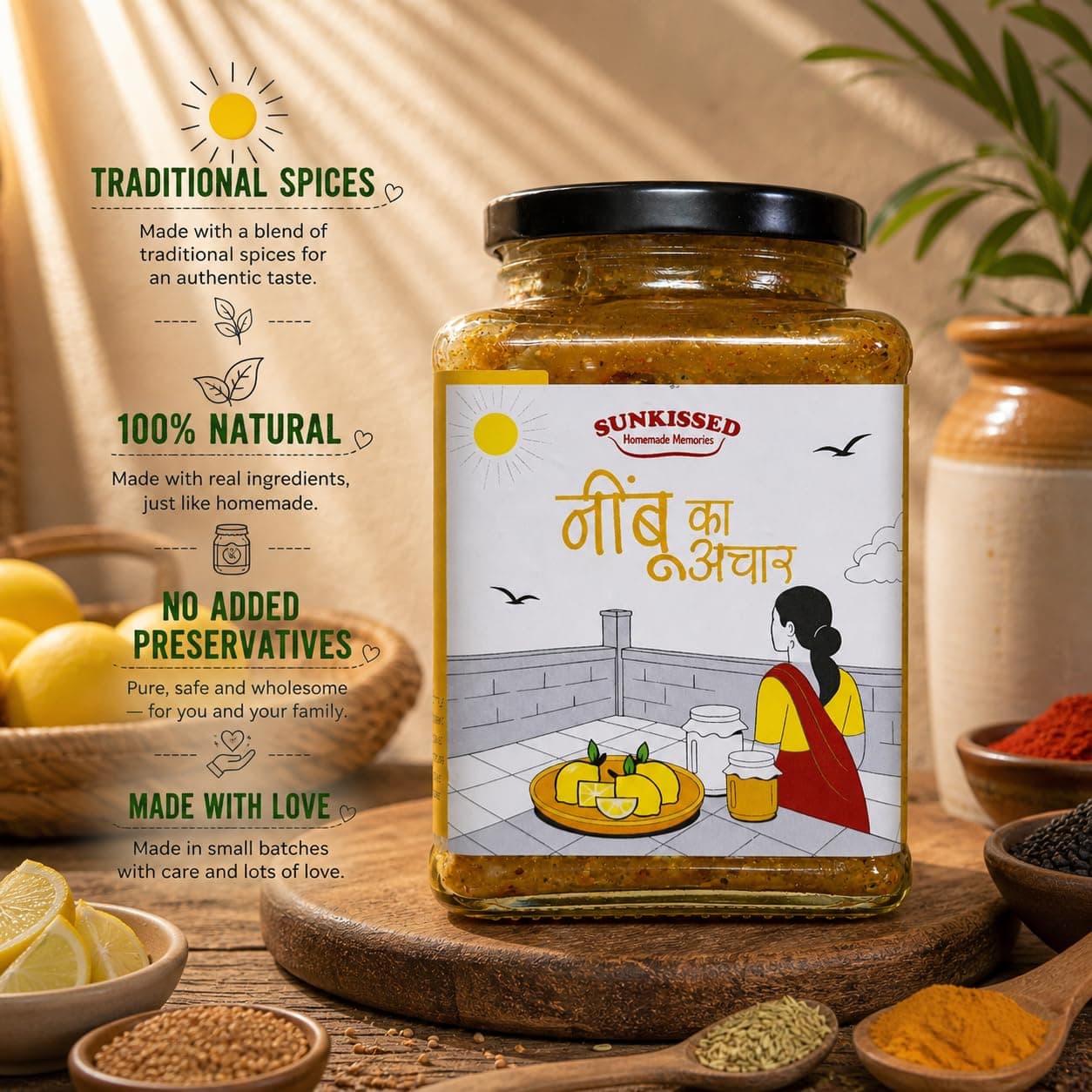 Sunkissed Homemade Memories Fresh Lemon Pickle 250g| Nimbu ka Achar with No Onion & Garlic | Nimbu tangy Oil-Free Pickle | Traditional Grandma-Style Recipe | No chemical, No Preservative — image 3