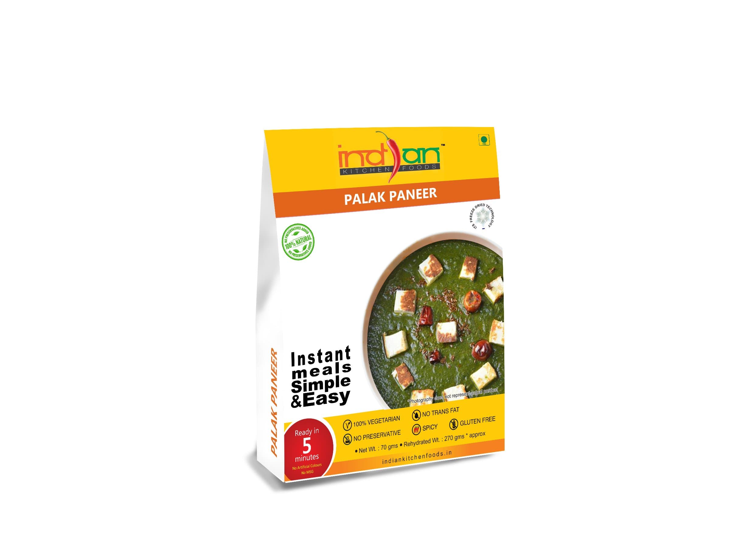 Indian Kitchen Foods Jain Palak Paneer |Freeze Dried Gluten-Free Ready to Eat Instant Vegetarian Meal - Rehydrated Wt. 270 gm
