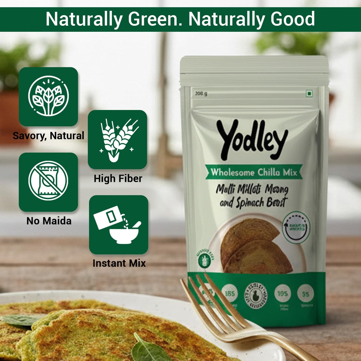 Yodley Multi Millets, Moong & Spinach Boost Wholesome Chilla Mix | High-Protein, Fiber-Rich, Instant Mix | No Preservatives, Healthy Breakfast & Snack (200g, Pack of 1) — image 3