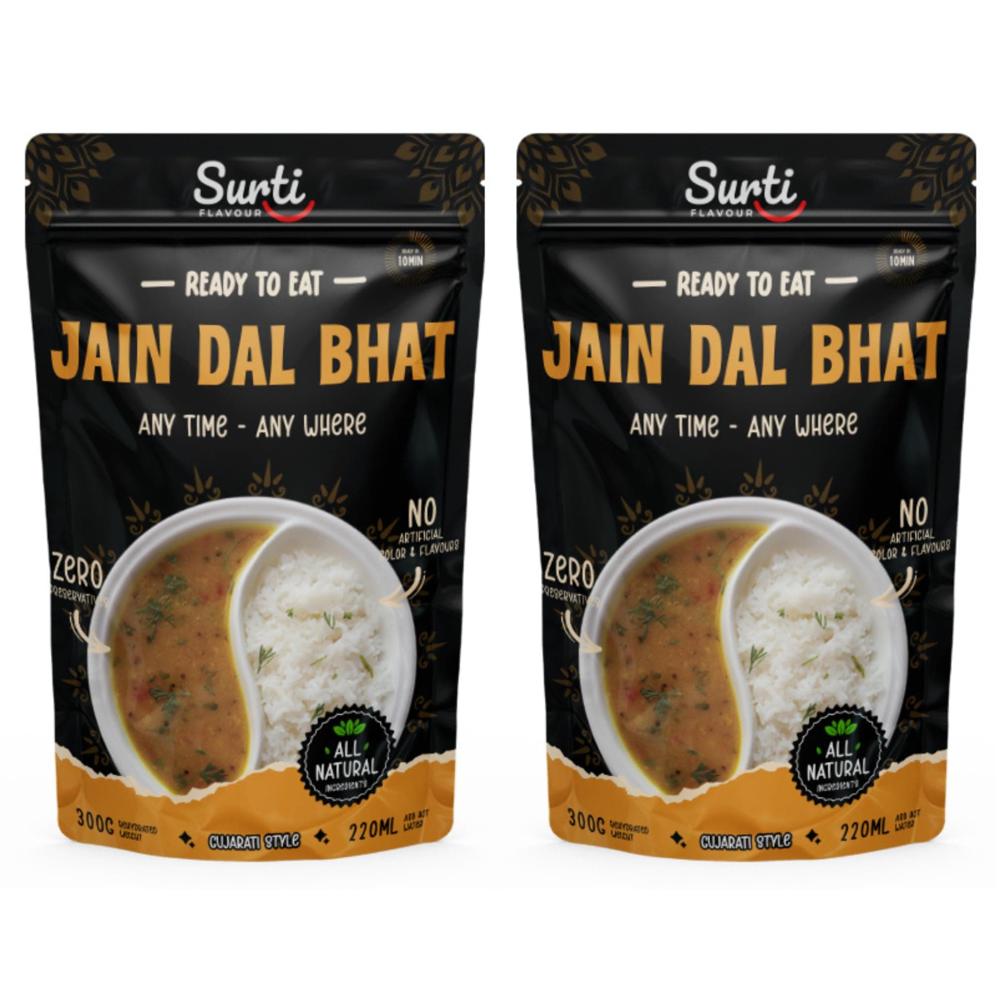 Surtiflavour Authentic Jain Dal Bhat, Ready-to-Eat Indian Dish, 300 Gram, Gluten-Free, Preservative-Free (Pack of 2)