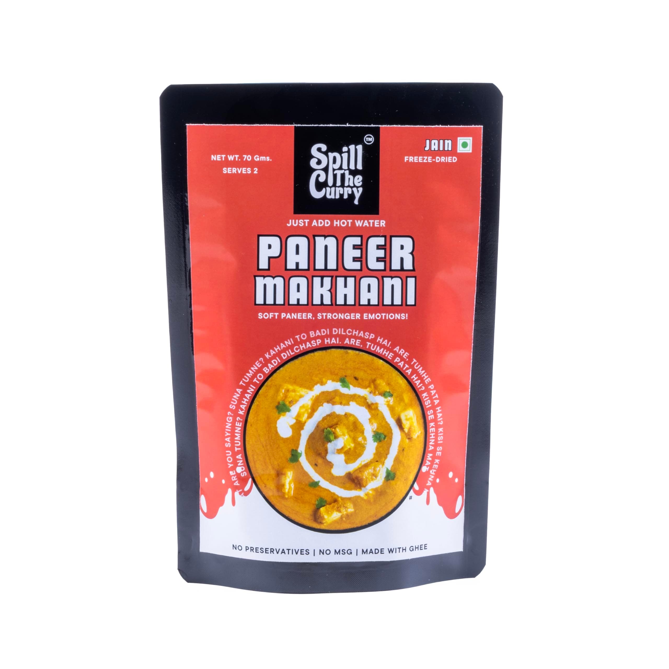 SPILL THE CURRY Paneer Makhani Jain Ready to Eat | No Onion No Garlic | Authentic Punjabi Paneer in Tomato Butter Gravy | Freeze Dried Instant Food | Just Add Hot Water | Vegetarian Meal for Travel & Hostels | Pack of 1 (70g)