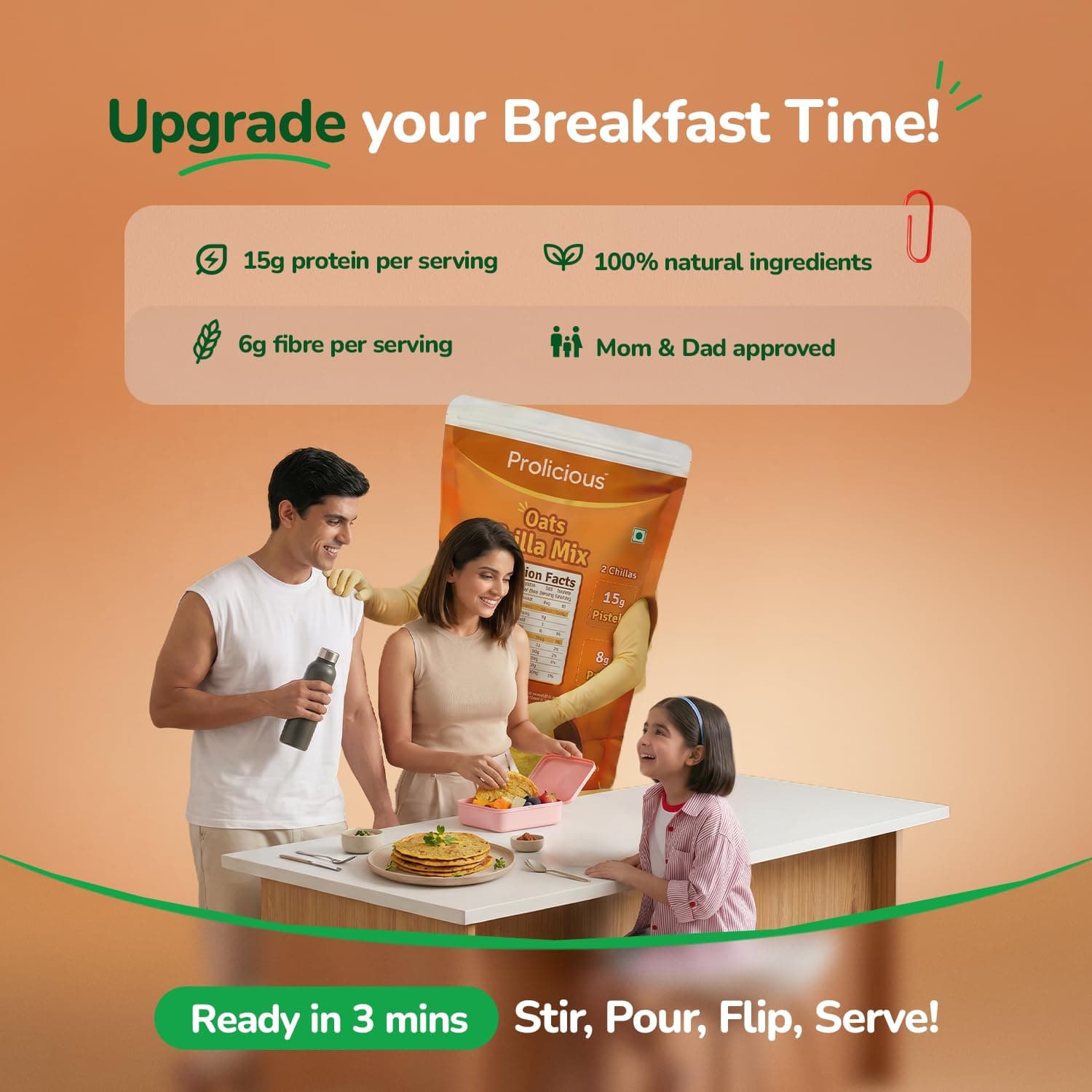 "Prolicious Oats Chilla Mix | Upgrade Your Breakfast | 15g Protein + 6g Fibre Per Serving | High Protein & Fibre Instant Breakfast, Ready in 3 Min | Tasty & Healthy Masala Breakfast | Oats, Moong & Peanut Flour | For the Whole Family | 400g — image 3