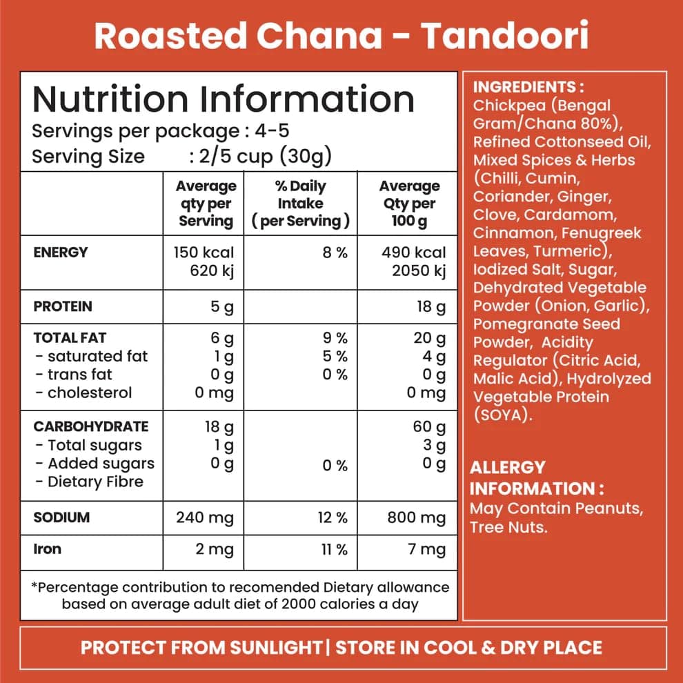 Jabsons Roasted Chana Tandoori Flavour - 140gm With No Onion & Garlic | Desi Roasted Namkeen Snacks| Gluten-Free Crunchy Protein Snack | Tandoori Bhuna Chana - Ready to Eat — image 3