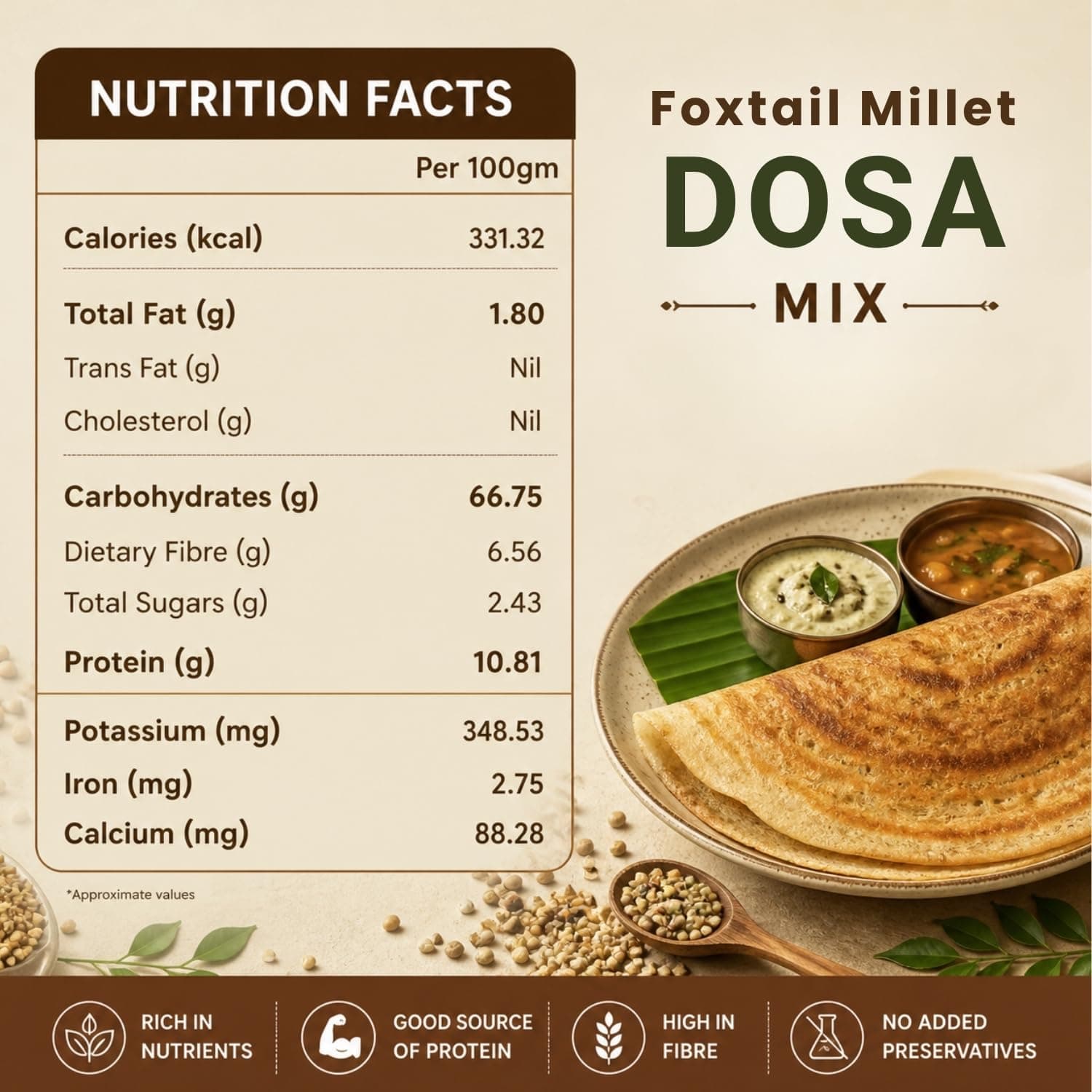 ASMIN Foxtail Millet Dosa Mix 200g | No Maida,No Palm Oil | Zero Cholesterol | No Presevatives | High Protein & High Fiber | Ready to Cook Healthy Millet Dosa Premix — image 2