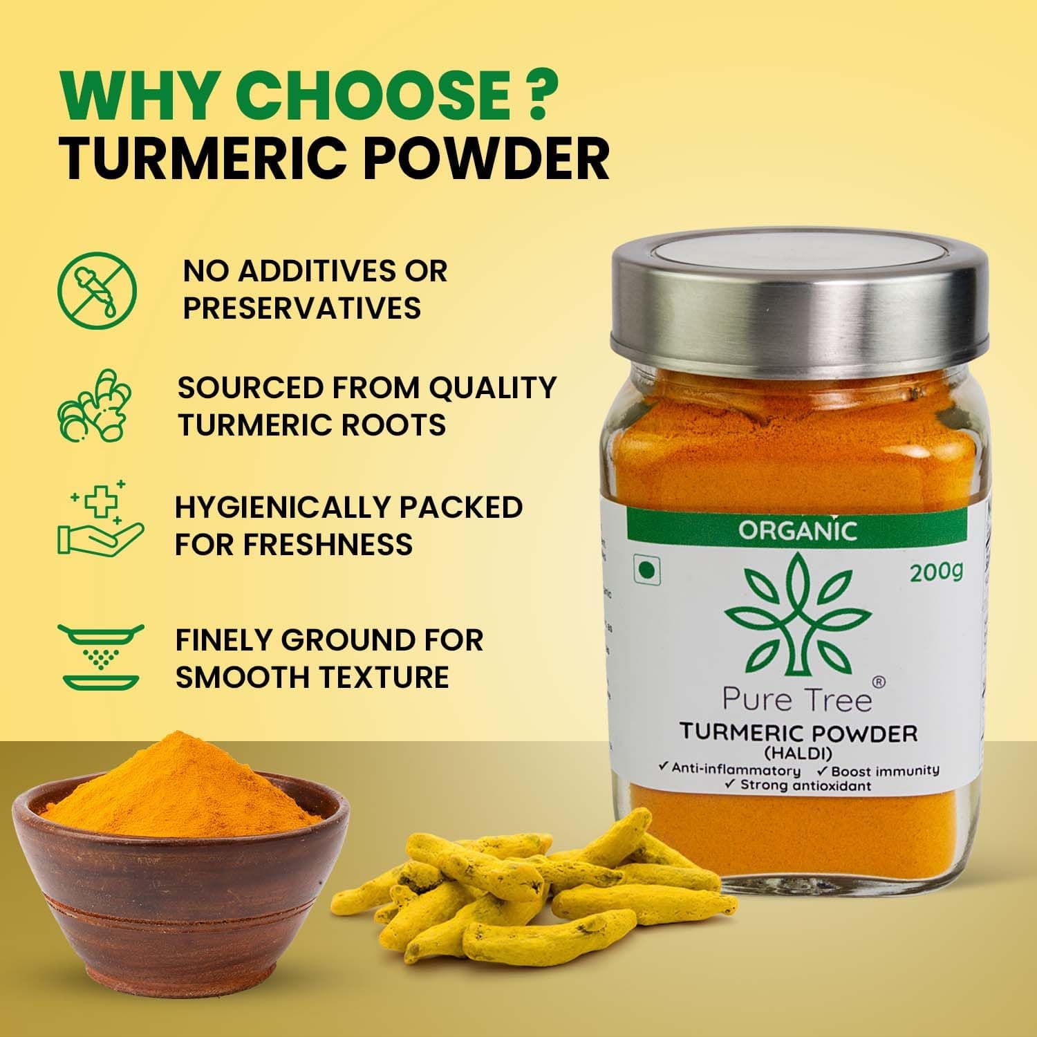 Pure Tree Certified Organic Haldi Powder | 200 g | Glass Jar | Turmeric Powder | Spice Masala Powder Raw for Milk | Strong Antioxidant — image 7