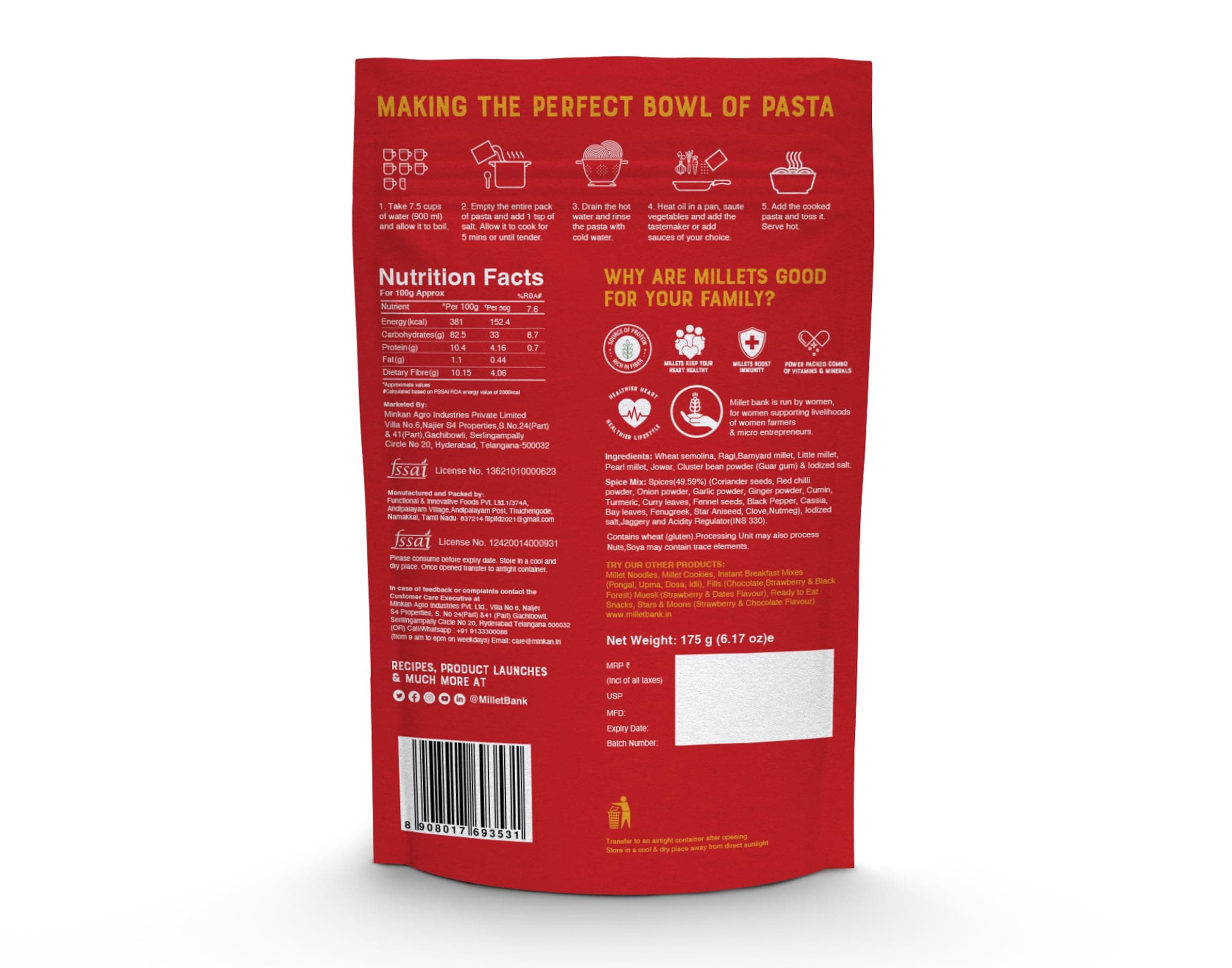 Millet Bank All Pasta Combo | No Preservatives, No Artificial Colors or Flavours | ZERO Maida | 175g | Made with Millets and Whole Wheat | Baby Friendly Pasta Flavor Combo 4 nos — image 8