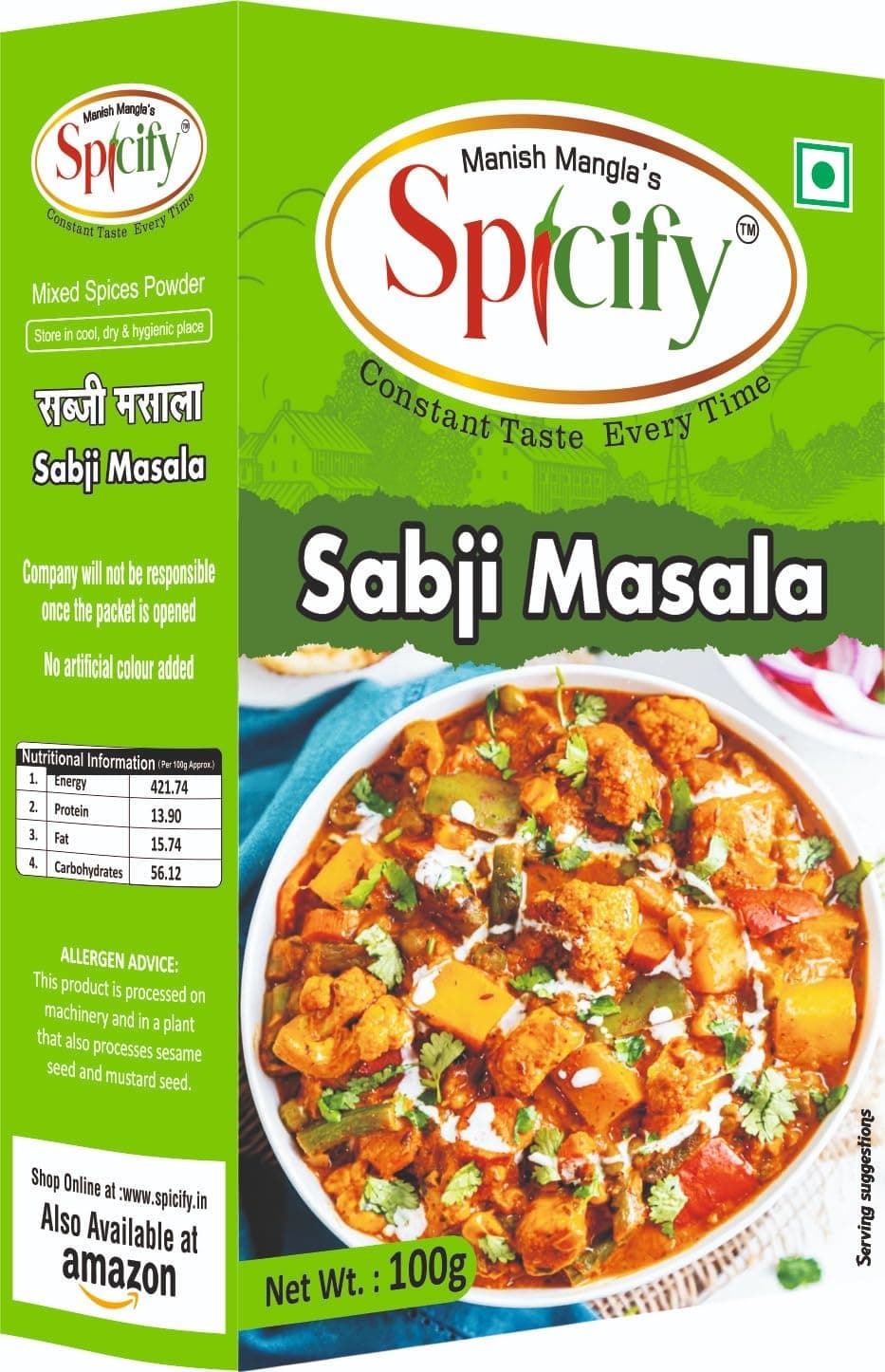 Spicify Sabzi Masala - 100GM | Ready to Use Instant Spice Mix | No Onion No Garlic No MSG | Authentic & Natural Spice Blend