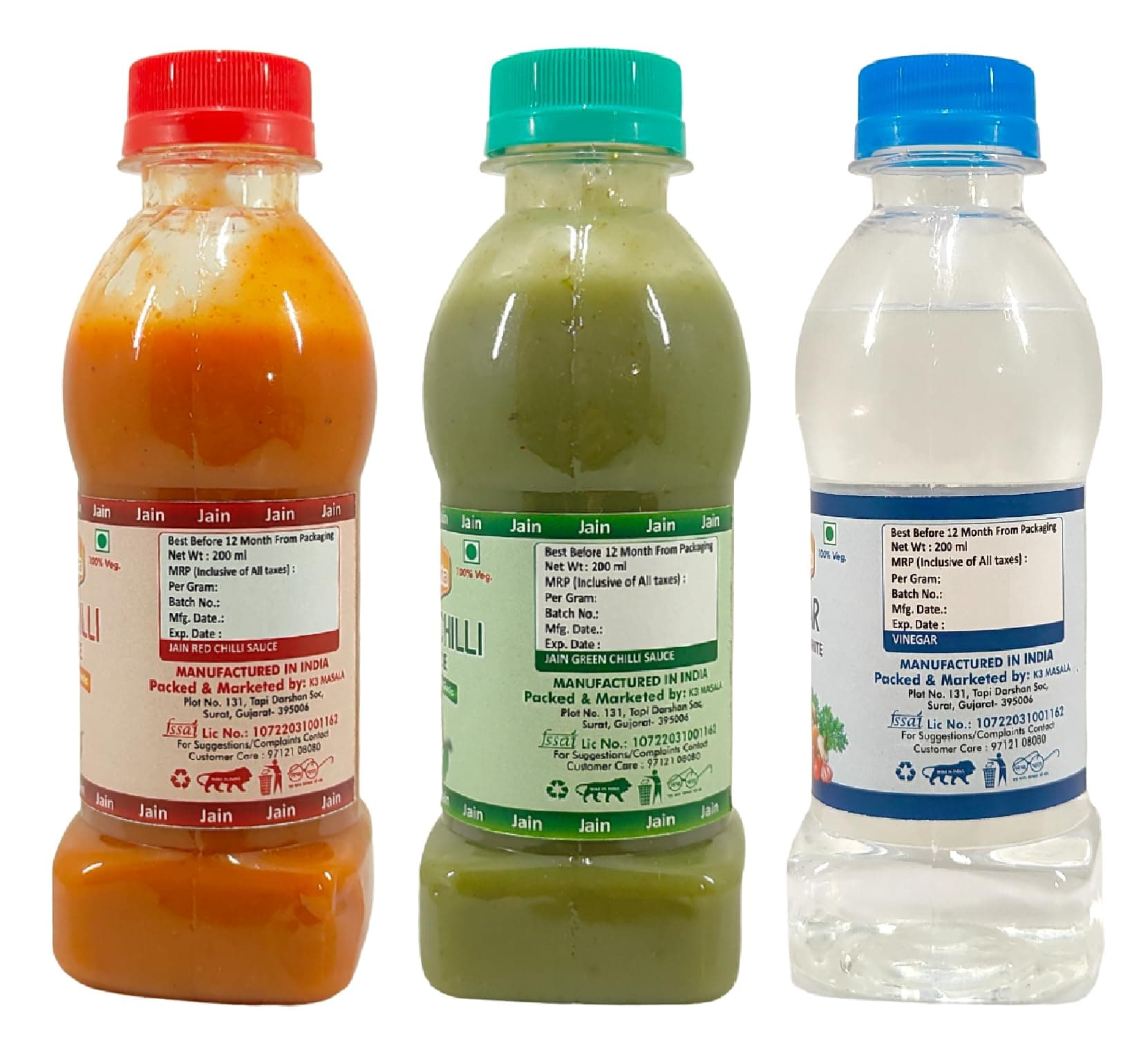 Fruvanta Jain Sauce Without Onion/garlic/Potato, Green Chilli Sauce (200gm), Red Chilli Sauce (200gm) and vinegar (200gm) (Pack of 3) — image 3