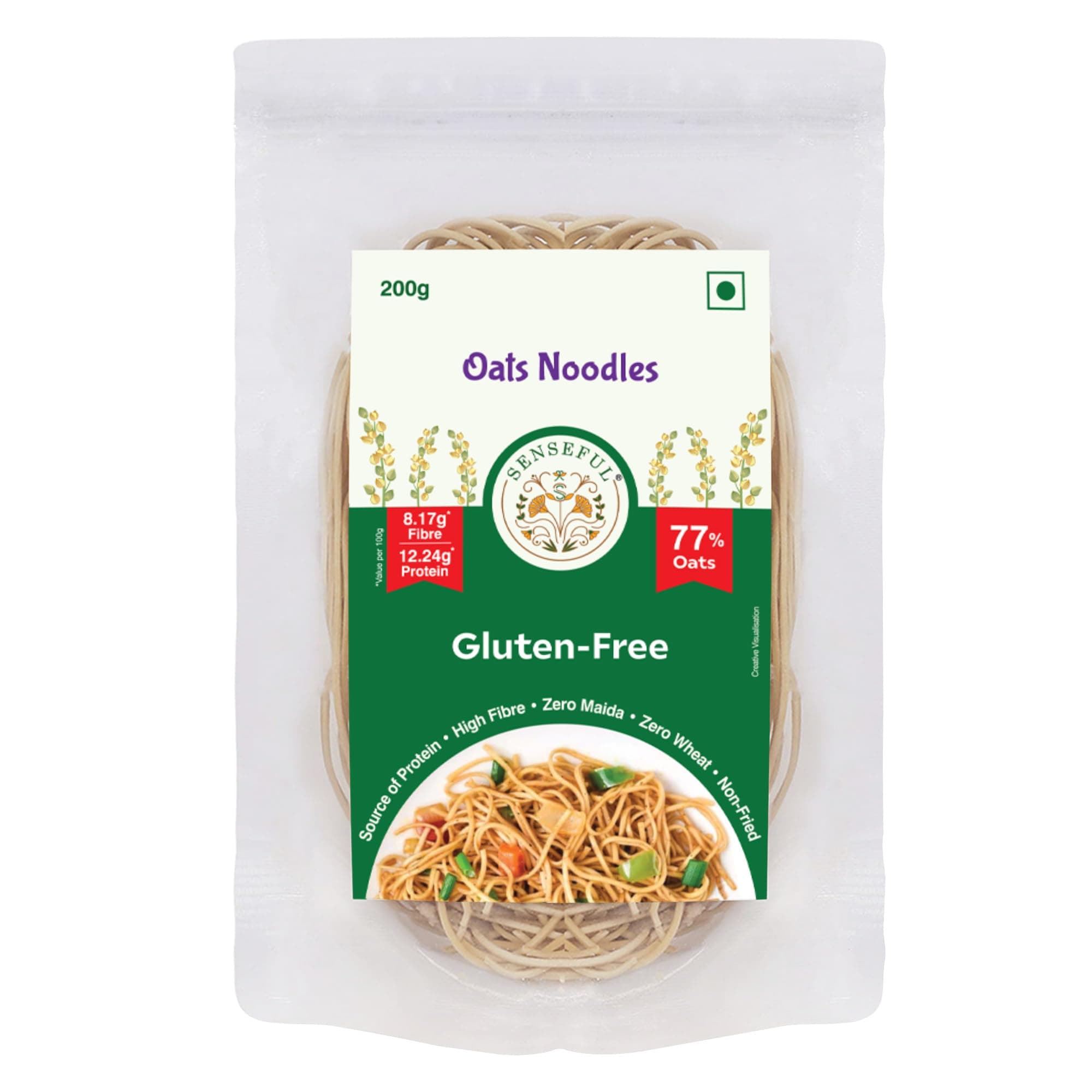 SENSEFUL Oats Noodles - Gluten-Free, With 77% Oats - 200 gm | Zero Maida, Zero Wheat, Source of Protein, High Fibre, Low Fat, Low Sugar & Non-Fried