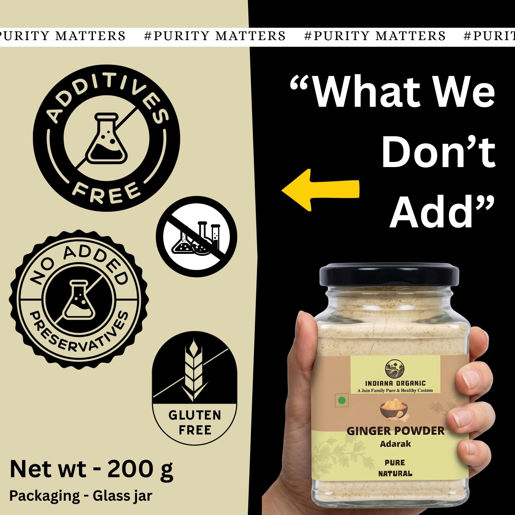 Indiana Organic Pure Ginger Powder (Adarak) 200g | Manually Cleaned Dry Ginger Sonth Masala | Freshly Ground on Order | No Added Preservatives, No Onion No Garlic | Glass Jar Packaging — image 4