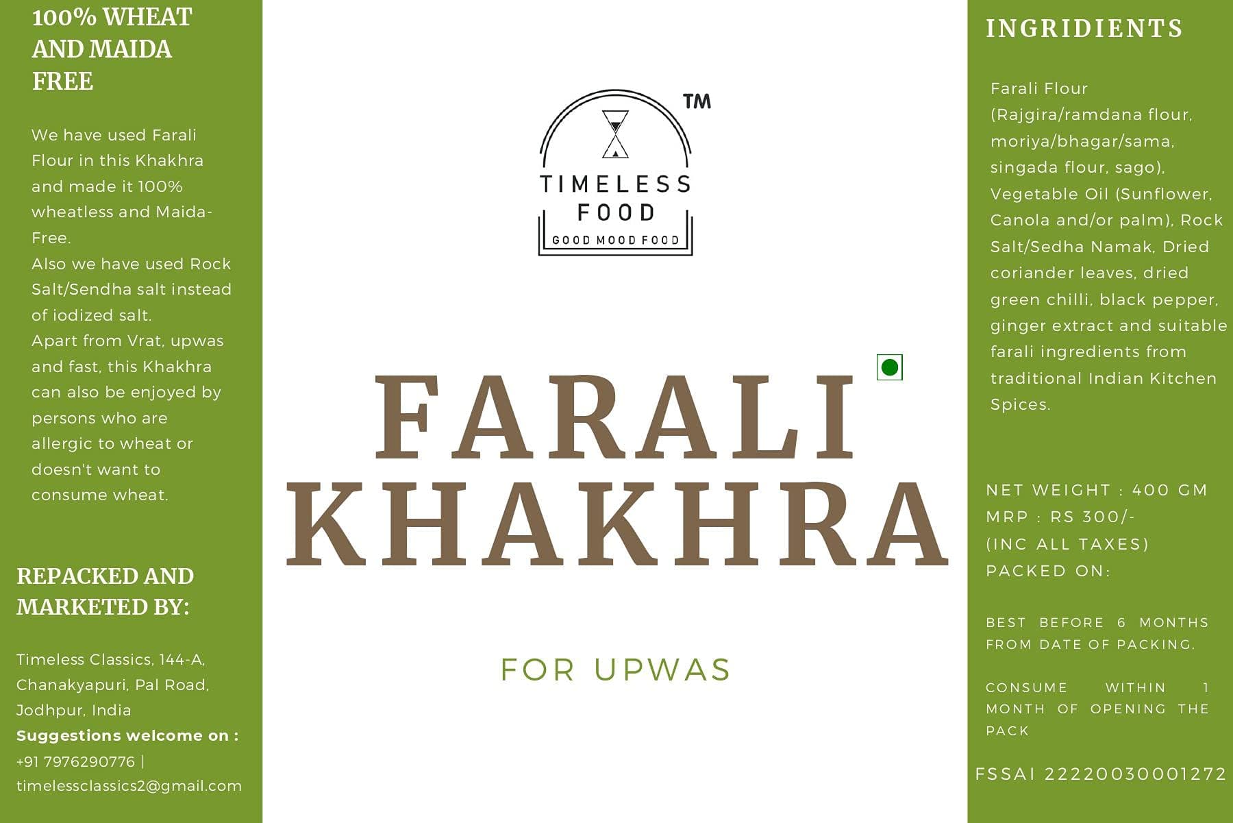 Timeless Food Farali Khakhra for Upwas & Vrat 400g | Wheatless Sahgar Khakhra for Fasting | Vacuum Pack | Healthy & Crunchy Snack — image 7