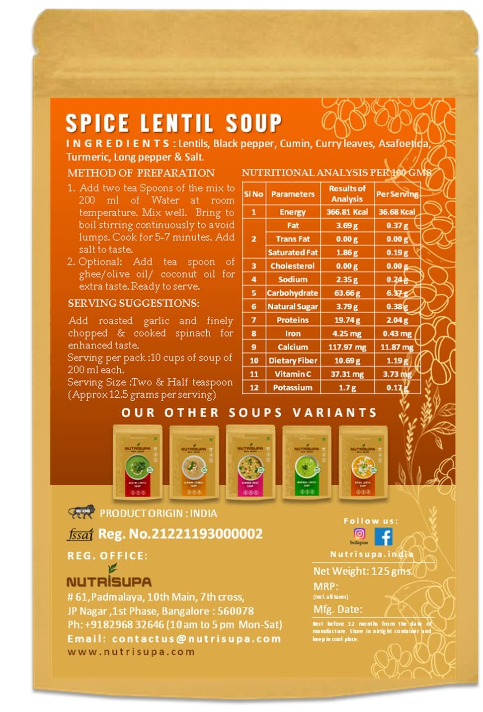 Nutrisupa spice lentil soup | Healthy and Natural| Vegan and plant based| no dairy no soy | Protein rich| trans fat free and zero cholesterol ready t cook | for digestive and gut health| 10cups per pack — image 2