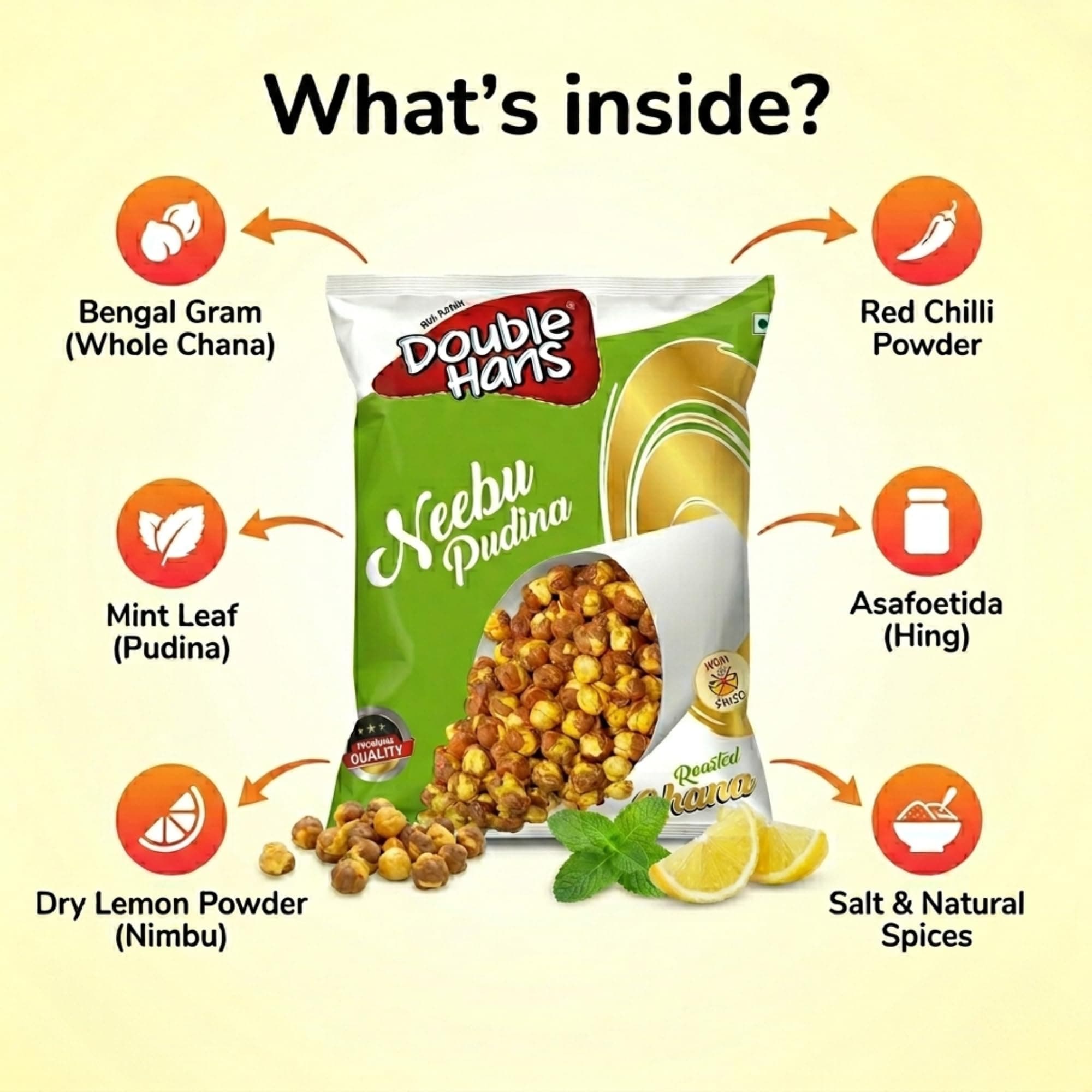 Double Hans Nimbu Pudina Roasted Chana, Desi Chickpeas with Skin, Non Fried Crunchy, High Protein, No Onion No Garlic, Gluten Free Vegan Namkeen, Lemon Mint Flavoured, Ready to Eat Snacks, 500gm — image 4