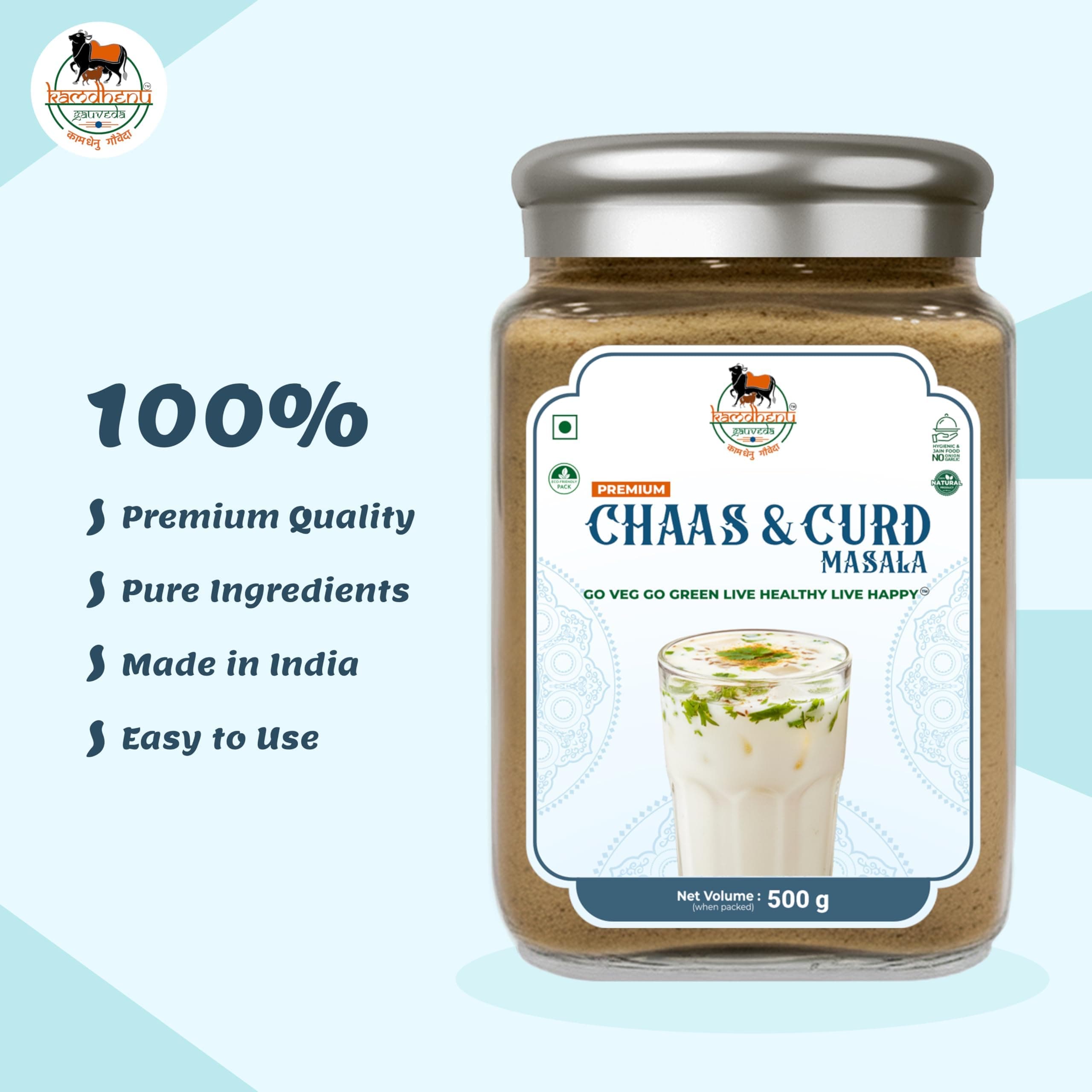 Kamdhenu Gauveda Buttermilk Masala 500g – 100% Natural Chaas & Curd Spice Mix | Traditional Digestive Blend | No Preservatives | FSSAI Certified | Packed in Organic Glass Bottle | Vegan Jain | 500g Chaas Masala | — image 3