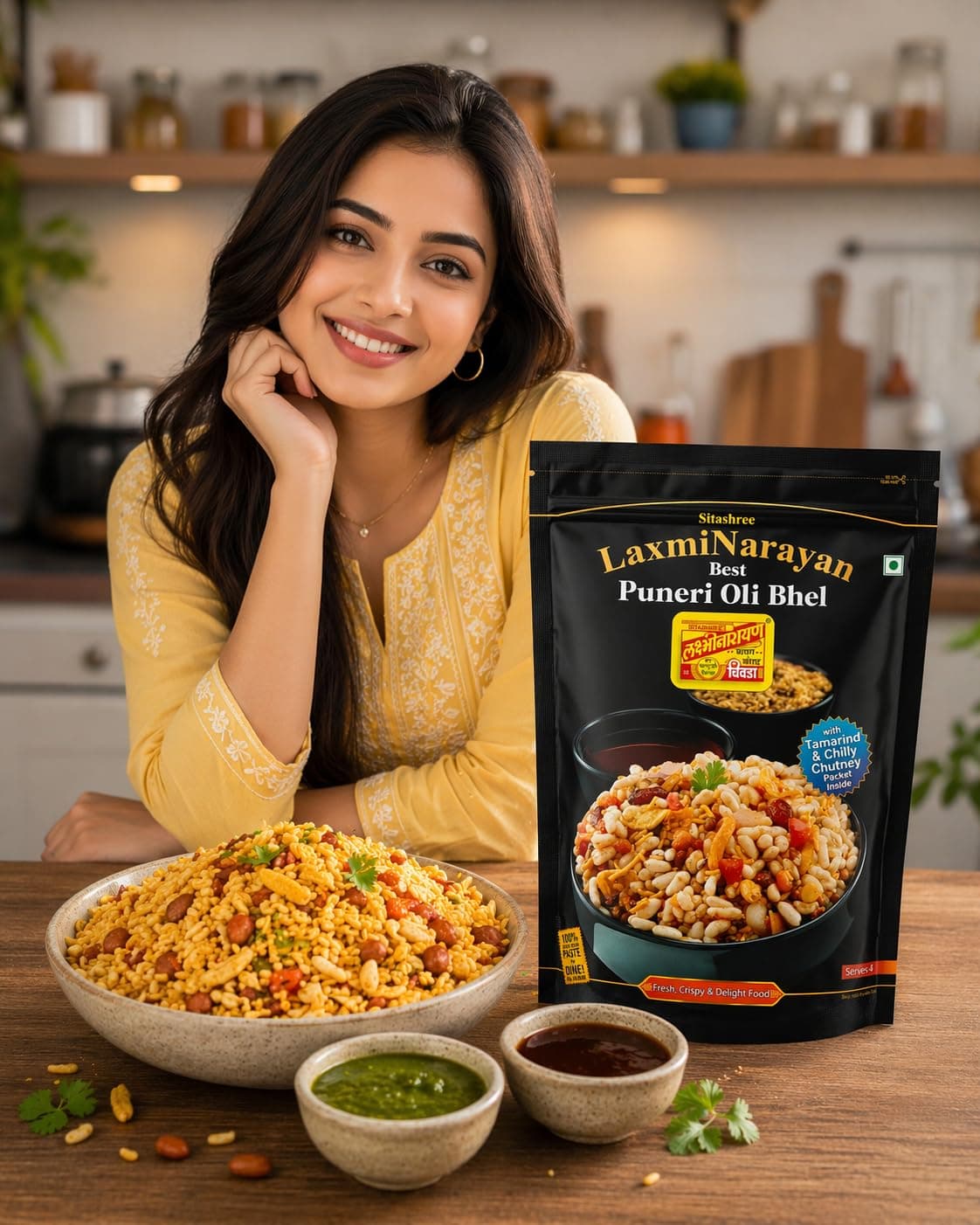 Sitashree LaxmiNarayan Best Puneri Oli Bhel, Ready to Use, with Tamarind and Chilly Chutney, Serves 4, no garlic so use as jain bhel also — image 2