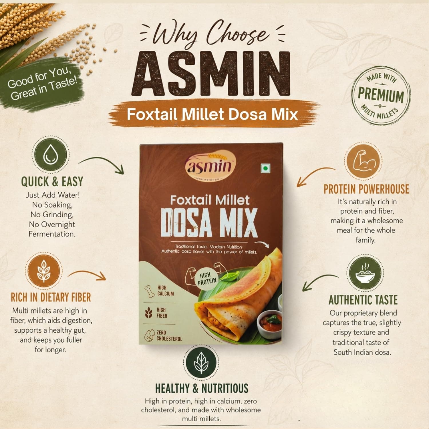 ASMIN Foxtail Millet Dosa Mix 200g | No Maida,No Palm Oil | Zero Cholesterol | No Presevatives | High Protein & High Fiber | Ready to Cook Healthy Millet Dosa Premix — image 7