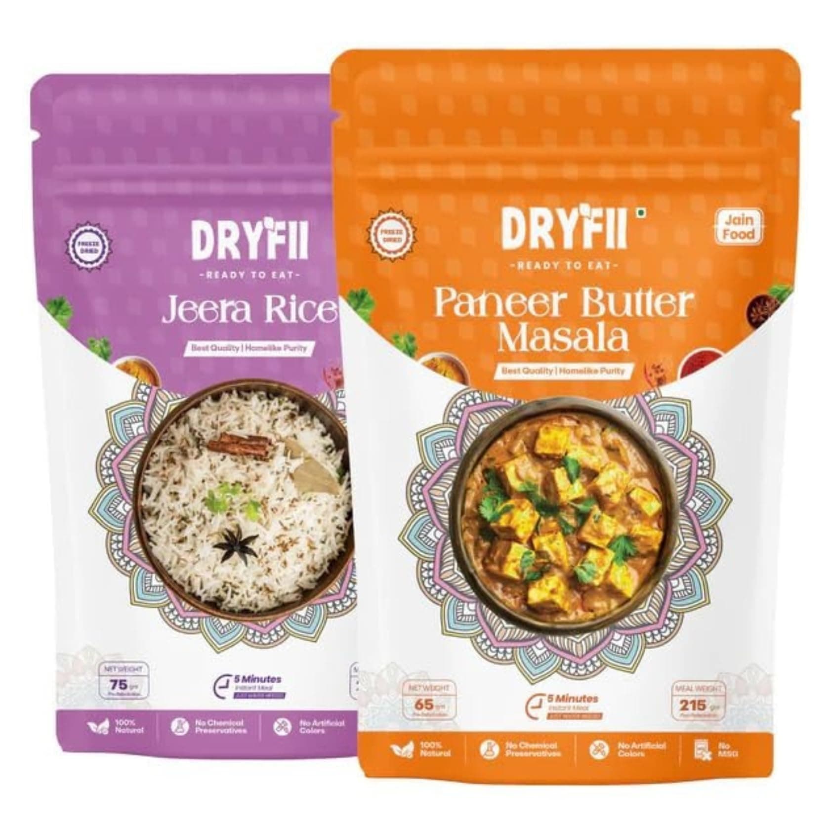 Dryfii Ready-to-Eat Instant | Jain Paneer Butter Masala & Jeera Rice | Pure Veg | Freeze Dried | No Onion, No Garlic | Rehydrated Weight 440 g