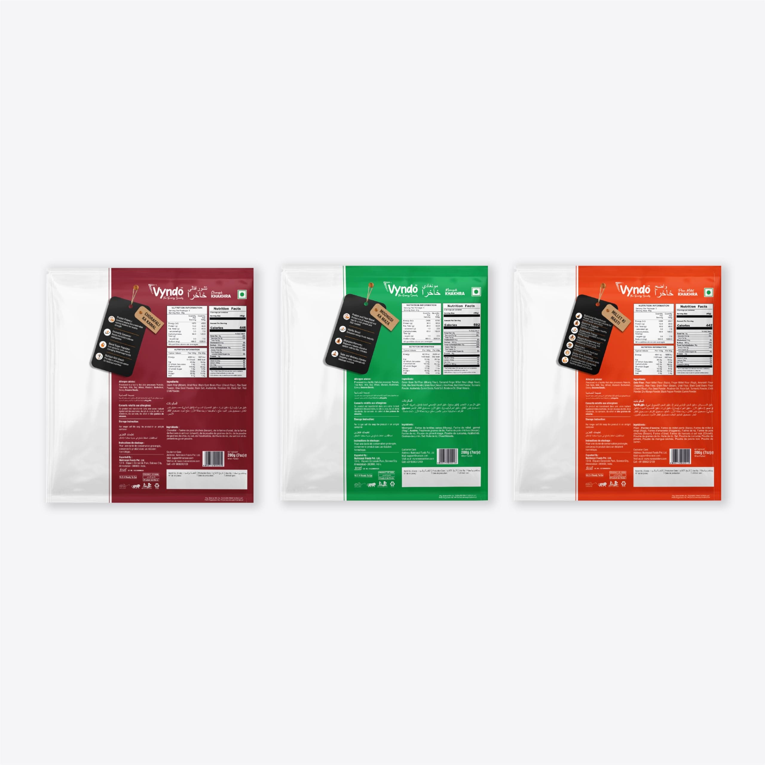 Vyndo Jain Khakhra Combo - Pack of 3 (200g each), Millet Snacks, Gluten Free, Healthy Snack Options (Plain Millet Khakhra, Chorafarli Khakhra, Moongdi Khakhra), No Garlic, No Ginger — image 3