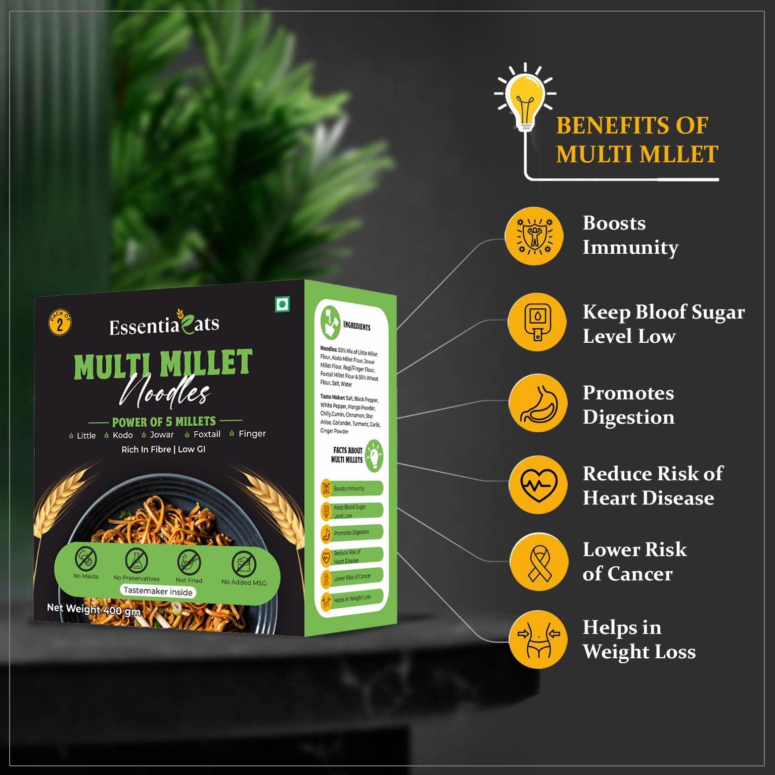 Essentiaeats Multi Millet Hakka Noodles Includes Tastemaker 400g Pack of 2, No Maida Not Fried No Preservatives No MSG Healthy Noodles Ready to Cook — image 6