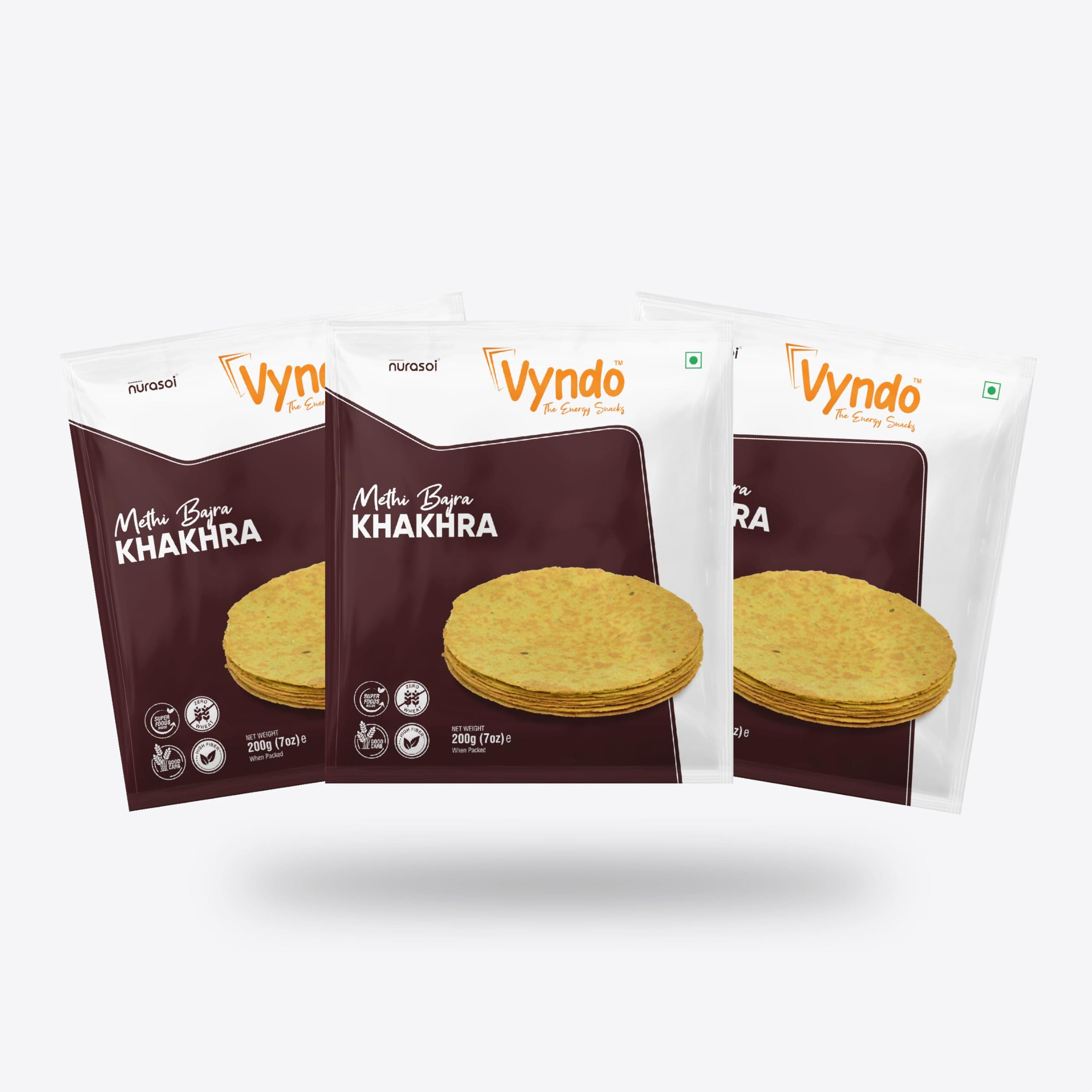 Vyndo Methi Bajra Khakhra Pack of 3 (200g Each) | Millet-Based, High Protein & Fiber | Gluten-Free, No Palm Oil | Anytime Snacks for Kids & Adults. — image 2