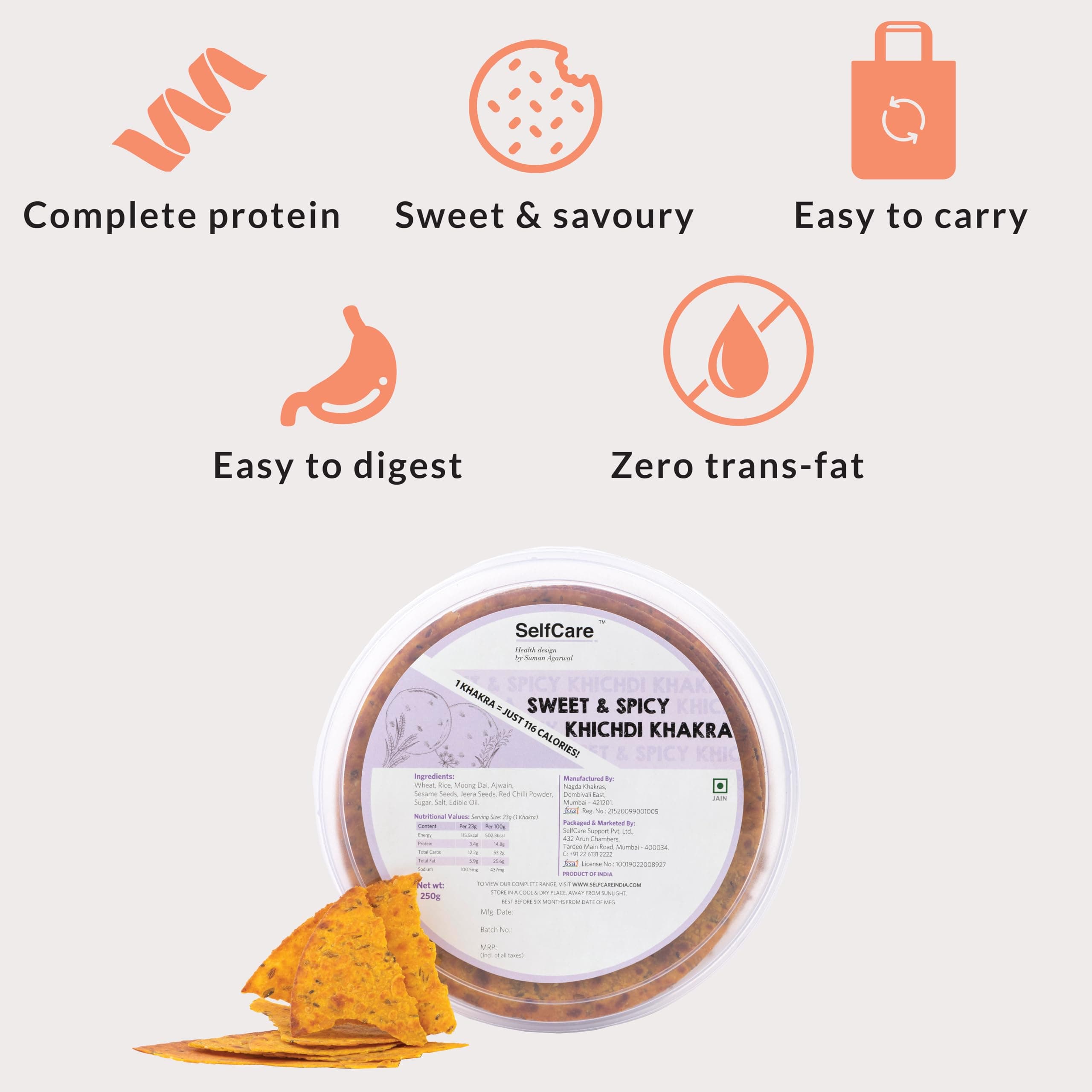 SelfCare By Suman Agarwal Sweet & Spicy Khichdi Khakhra Pack of 1 250g | Roasted-Healthy-Snacks-Crackers-Namkeen-Grocery | Crispy & Chatpata - Tae time - Eat with Dip | Jain & Travel Friendly — image 3