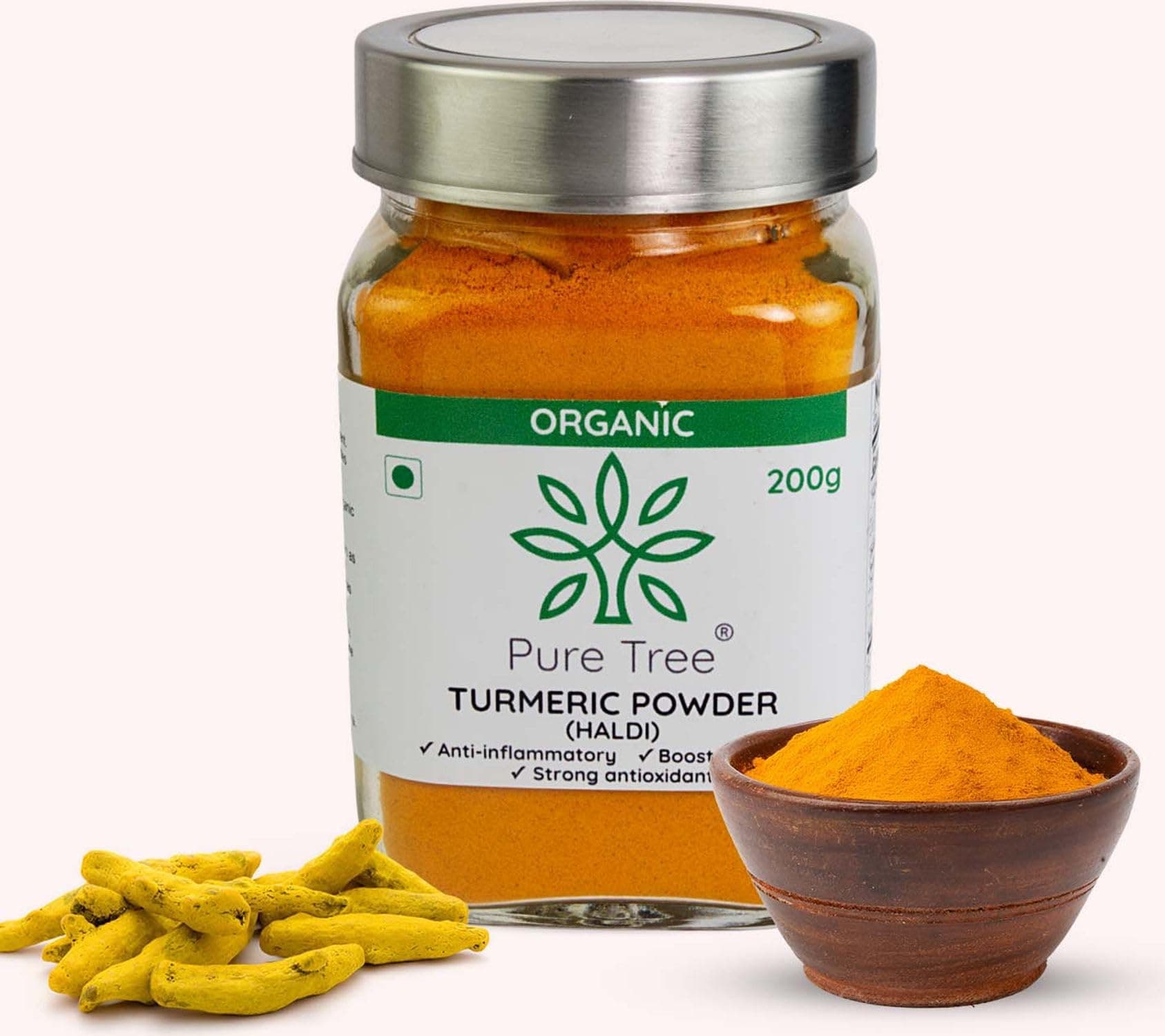 Pure Tree Certified Organic Haldi Powder | 200 g | Glass Jar | Turmeric Powder | Spice Masala Powder Raw for Milk | Strong Antioxidant