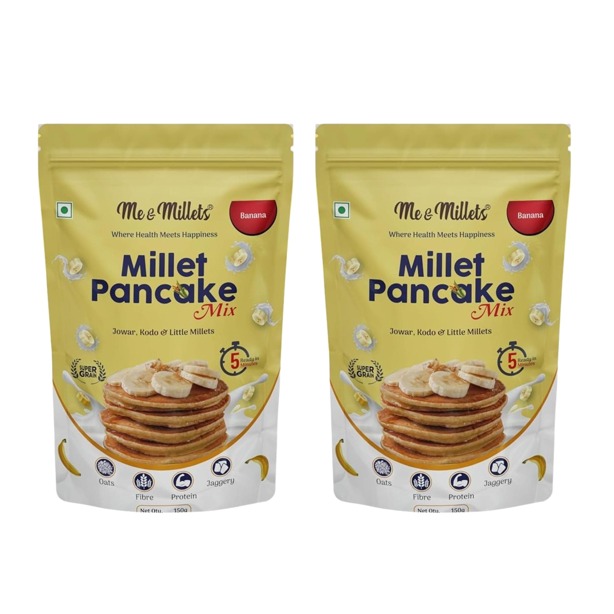 ME & MILLETS Banana Flavor Millet Pancake Mix (150g X 2) Sweetness Of Jaggery, No Maida, No Wheat, No Preservatives, Vegetarian, Eggless, Healthy Breakfast for Family (Jain Friendly) — image 2